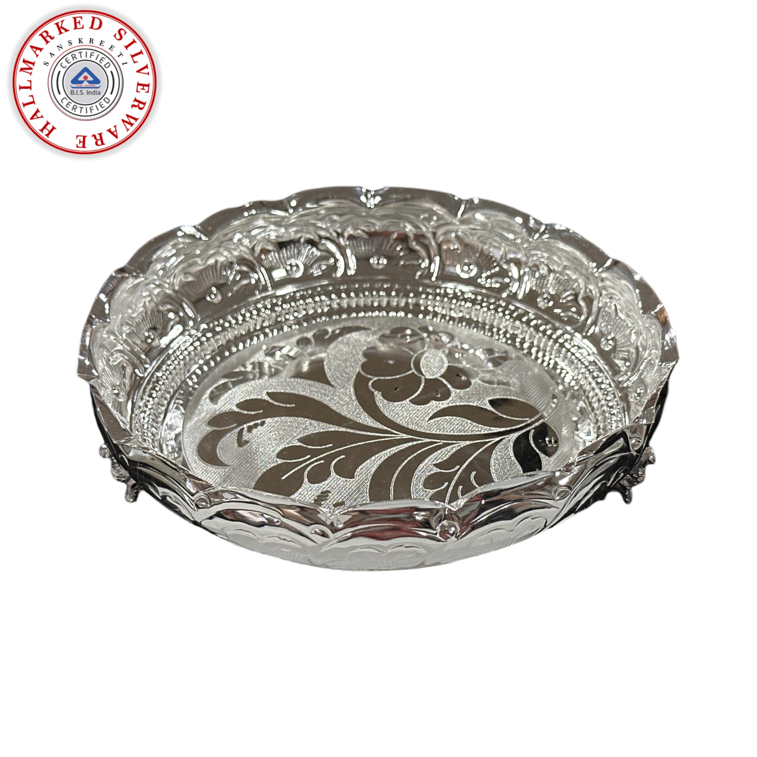 925 Sterling Silver Designer Hallmarked Puja Plate with Elephant Stand Small Size - Style#06 (8.0-inch Diameter)