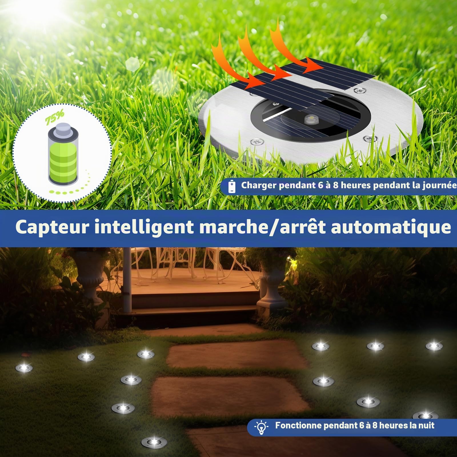 TOSHIN Lampe Solaire Au Sol Lot de 10, IP65 Lumiere Solaire Exterieur Jardin, Étanche Spot Solaire Extérieur pour Chemins Allée Pelouse Terrasse Cour Piscine, Blanc Froid, Rond
