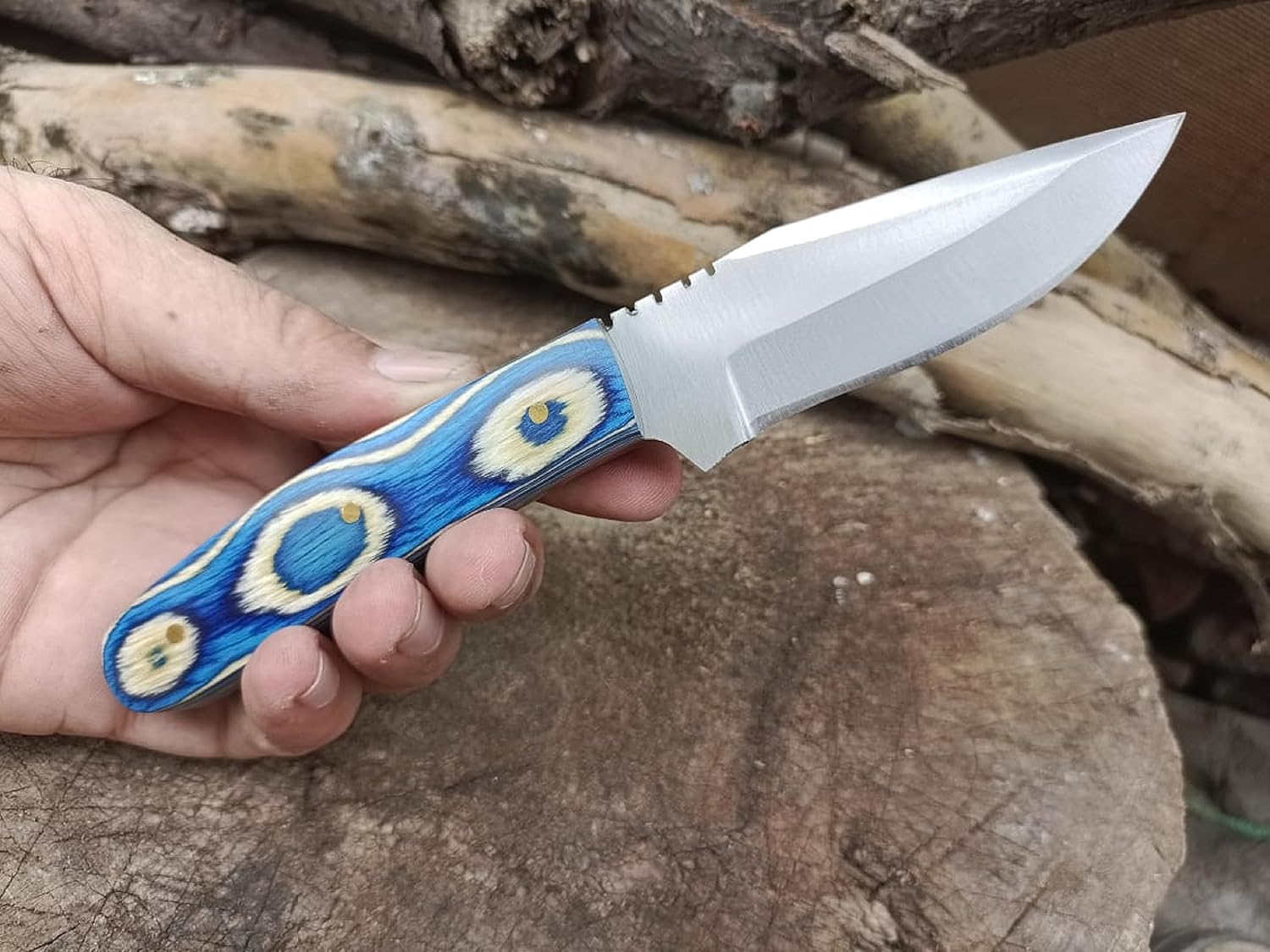 7" Handmade Fixed Blade Cowboy knife with Leather Sheath, Stainless Steel Razor Sharp Blade and Blue Pakkawood Handle for Hunting, Bushcrafting, Camping and Hiking.