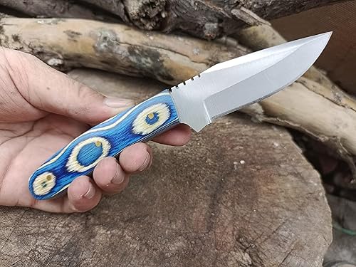 Cuchillo vaquero de hoja fija hecho a mano de 7 pulgadas con funda de cuero, hoja afilada de acero inoxidable y mango de madera de Pakka azul para