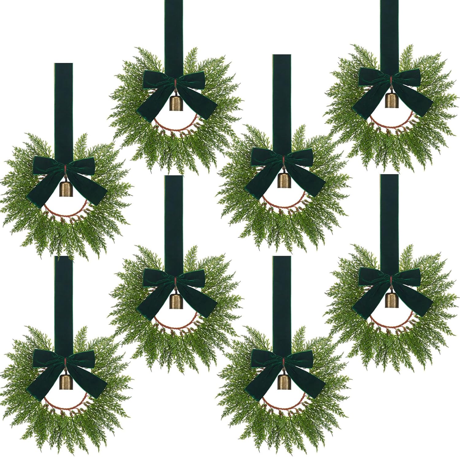 Dingion 8 Pcs 9.8" Small Christmas Cabinets Wreaths Mini Wreaths for Kitchen Window Chair Backs with Ribbon Bell Artificial Greenery for Farmhouse Holiday Decoration(Velvet,Classic,Dark Green) Velvet Classic Dark Green