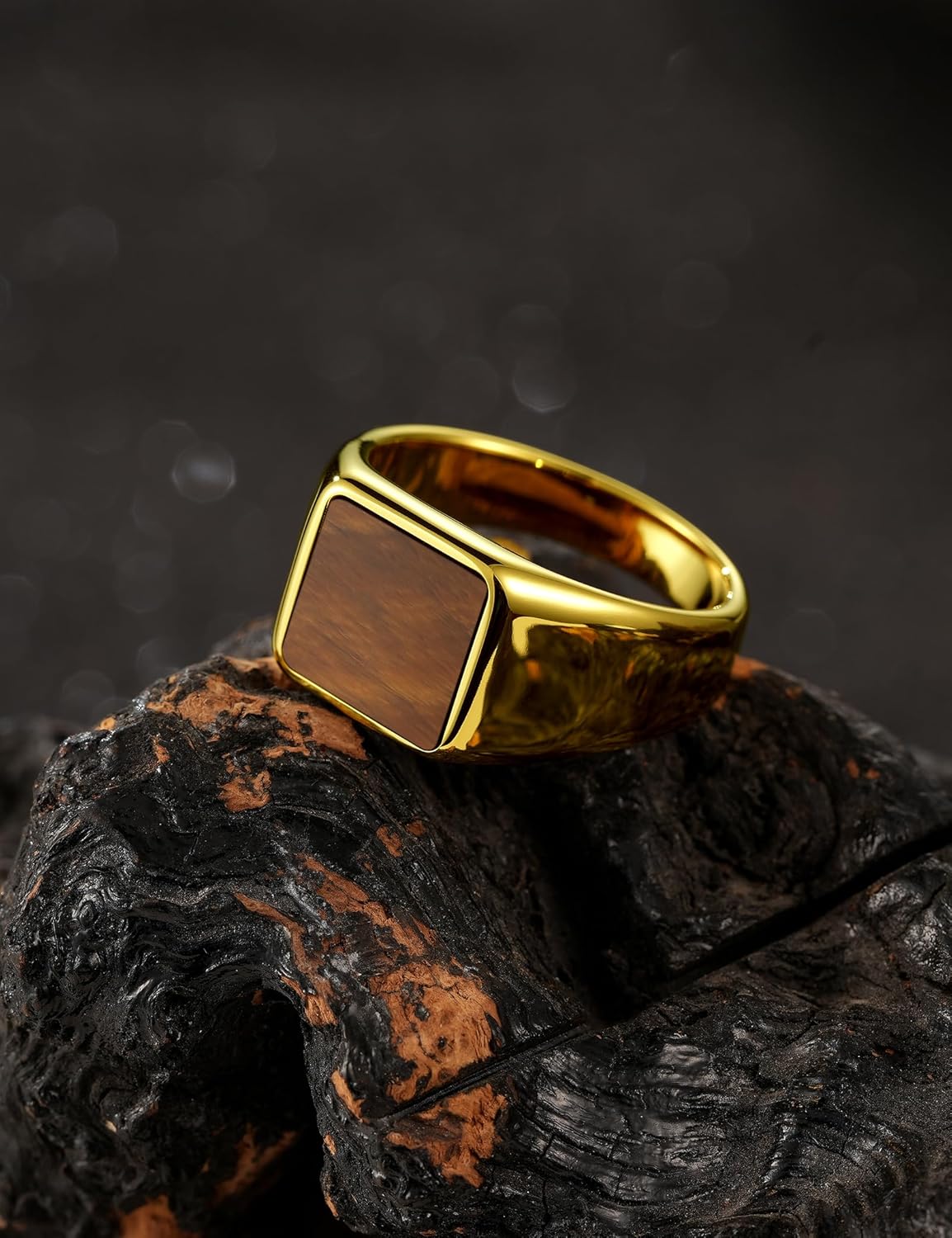 King Will 316L Stainless Steel Signet Ring for Men- Gold/Silver Plated Thumb Pinky Biker Band Ring with Natural Black/Brown Square Stones Inlaid Comfort Fit and Durable Wedding Band Size 7-12