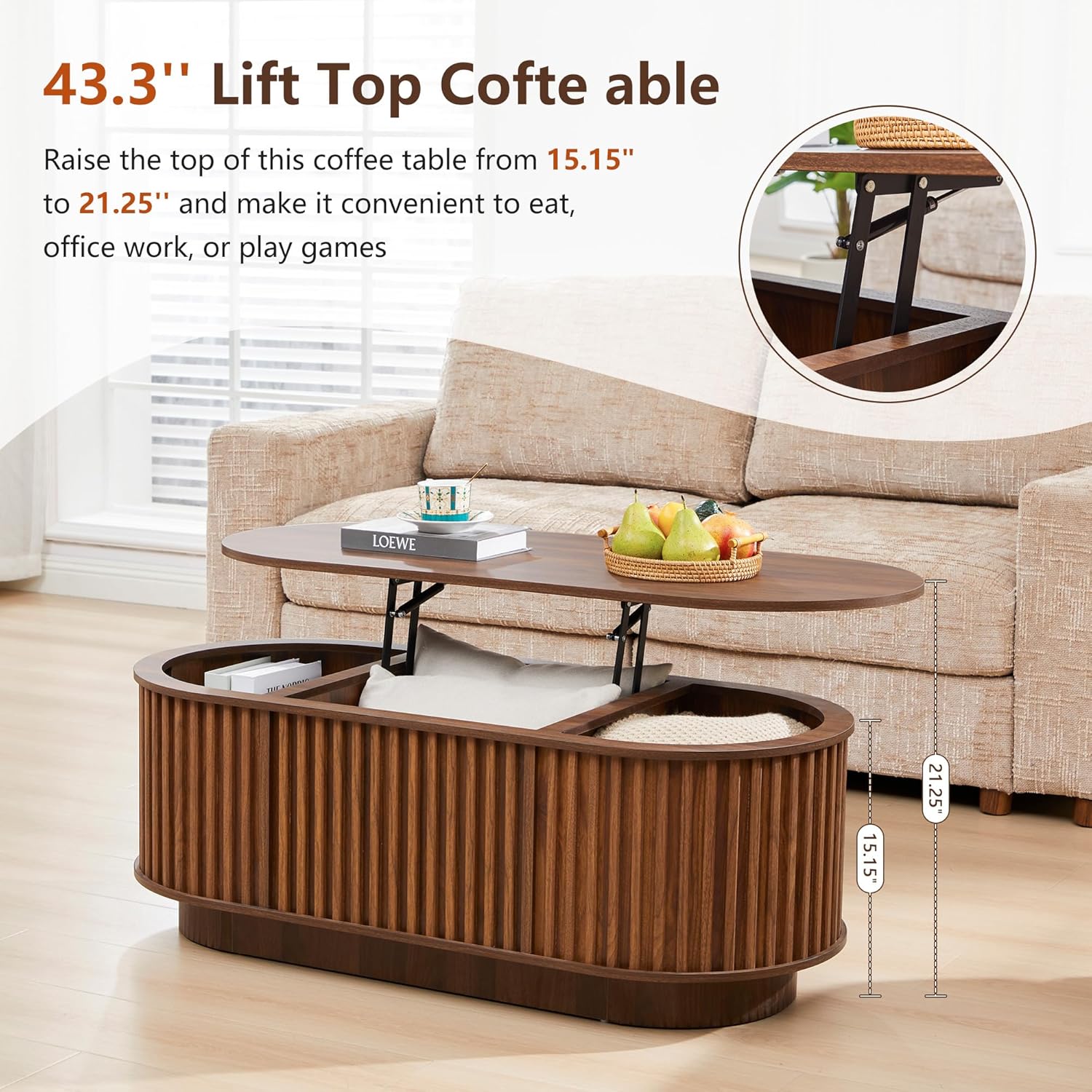 Oval Lift Top Coffee Table with Storage, 43.3”Mid Century Modern Center Table with Hidden Compartment, Fluted Wooden Lift Tabletop Dining Tables for Living Room Apartment Home Office,Walnut