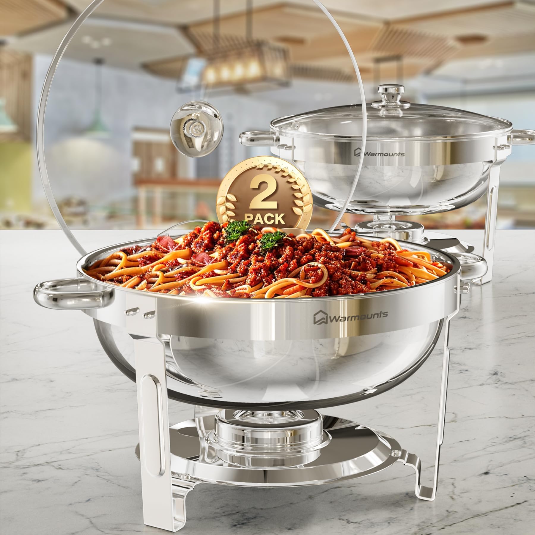 WARMOUNTS Round Chafing Dish Buffet 5L Set 2 Pack, Food Warmer for Catering Buffet with Glass Lid & Lid Holder, Mirror-Polished Stainless Steel Chafer for Parties, Christmas, Events, Wedding, Dinner