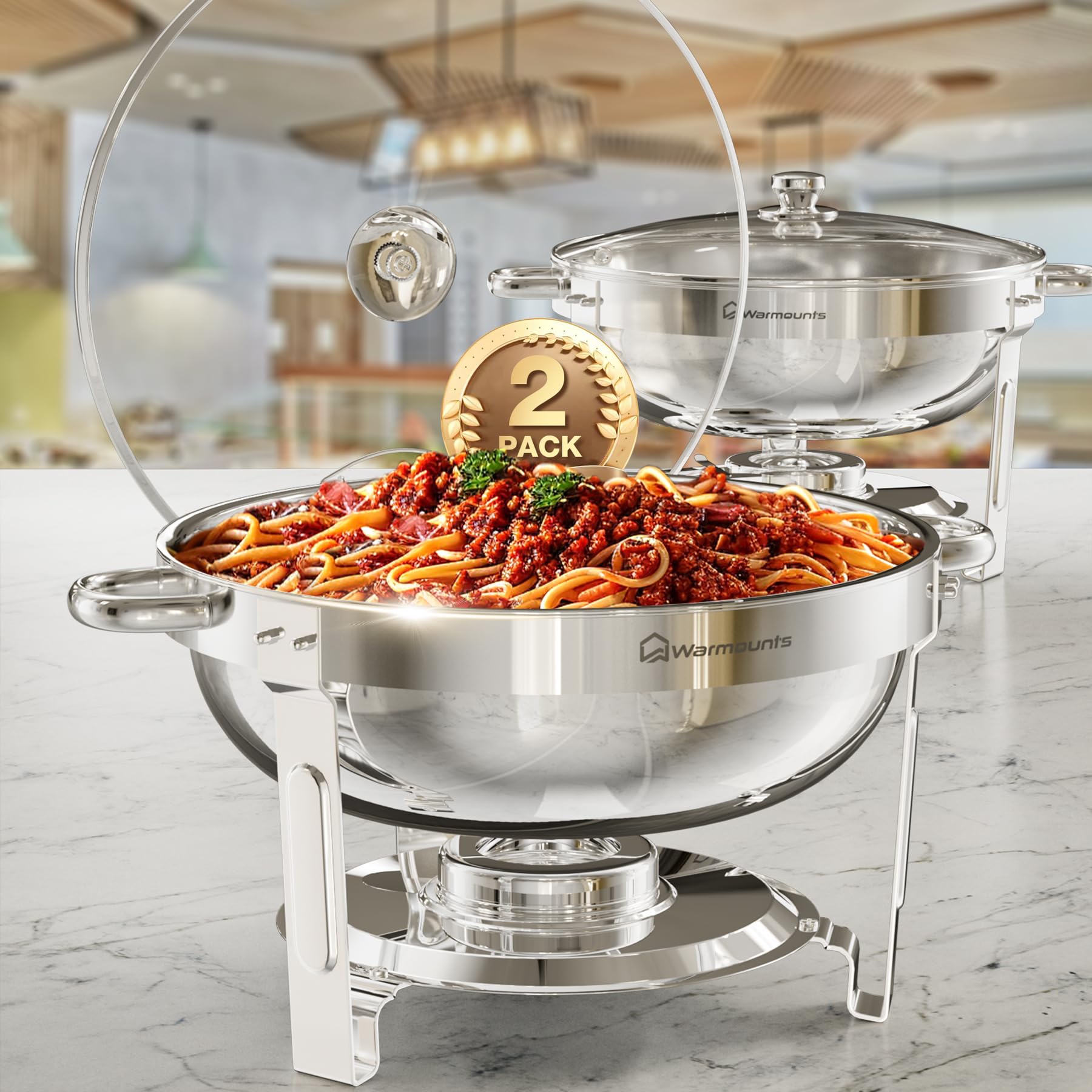 Round Chafing Dish Buffet 5L Set 2 Pack, Food Warmer for Catering Buffet with Glass Lid & Lid Holder, Mirror-Polished Stainless Steel Chafer for Parties, Christmas, Events, Wedding, Dinner