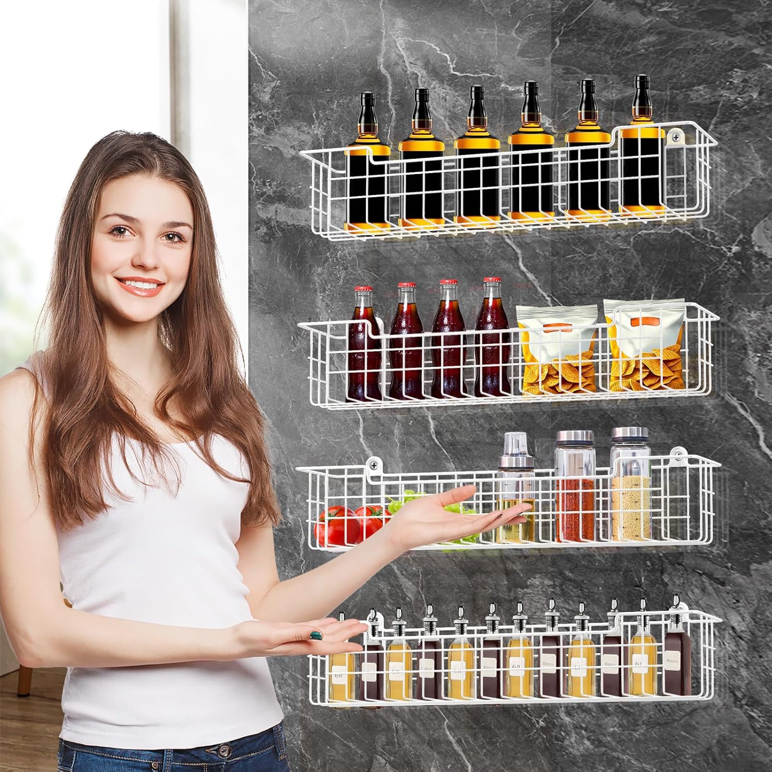 Spice Rack, 4-Pack Seasoning Organizer Wall Mount for Kitchen Storage Organization, Spice Holder Metal Shelf Saving Space for Cabinet, RV, Pantry, White White-4 Pack