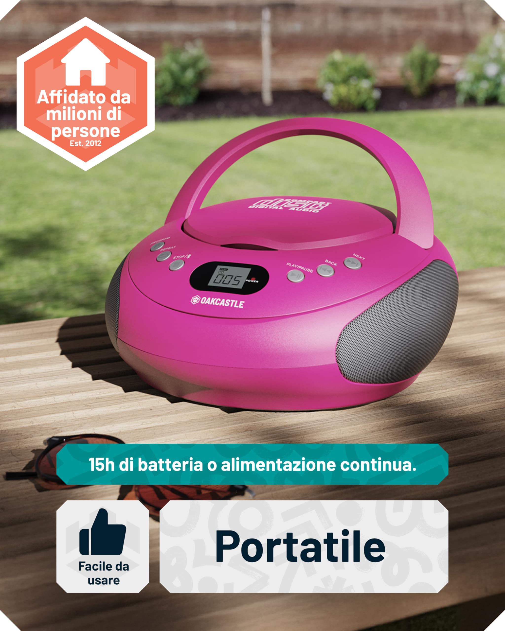Lettore CD Portatile Bluetooth | FM Radio Stereo Casa | Radio Stereo Casa con Controlli Facili | 30 Preselezioni, Display a LED | Oakcastle Player (Rosa)