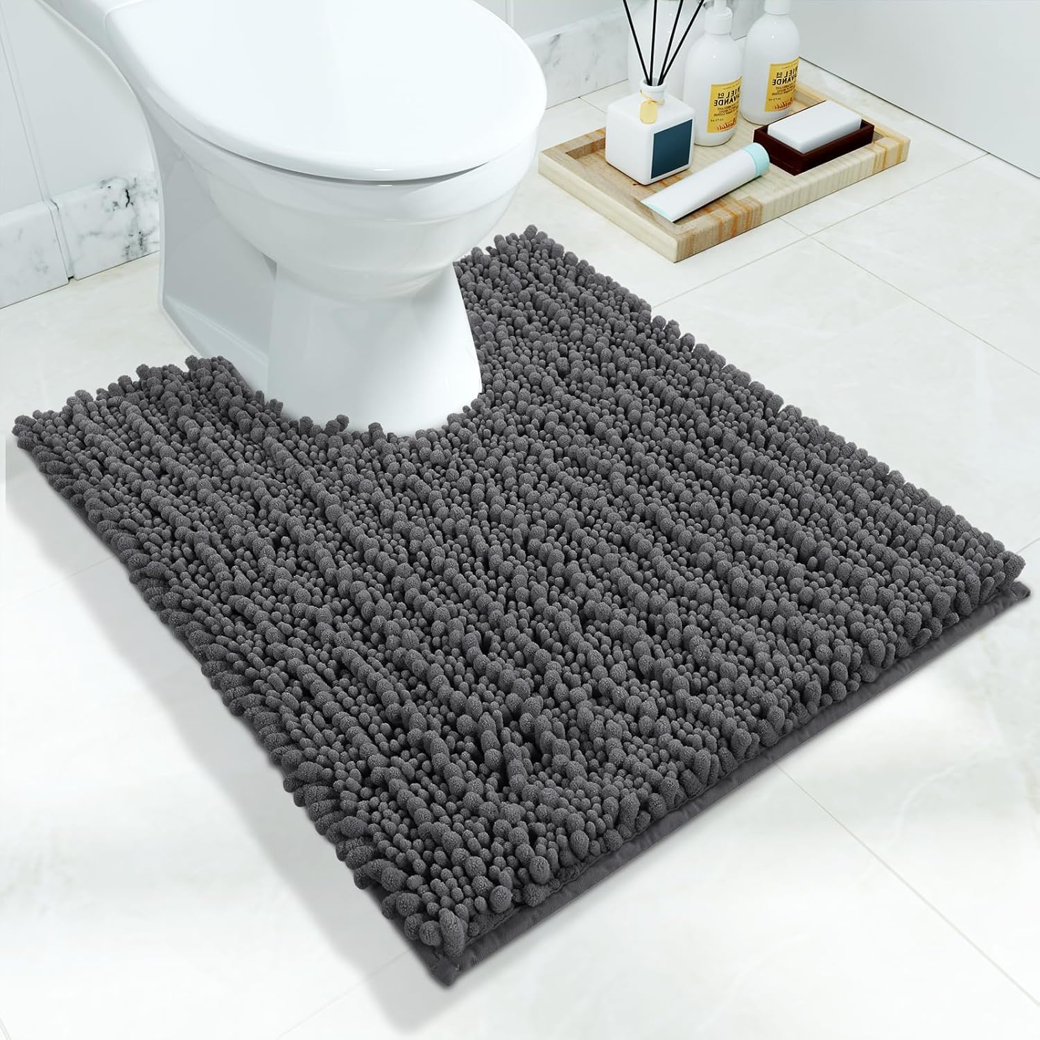 Yimobra Luxury Shaggy Toilet Rug, Non-Slip Contour Bath Mat for Bathroom Floor, 61 X 51 cm, Soft Comfortable U-Shaped Toilet Carpet, Maximum Absorbent, Dry Quickly, Machine-Washable, Dark Gray