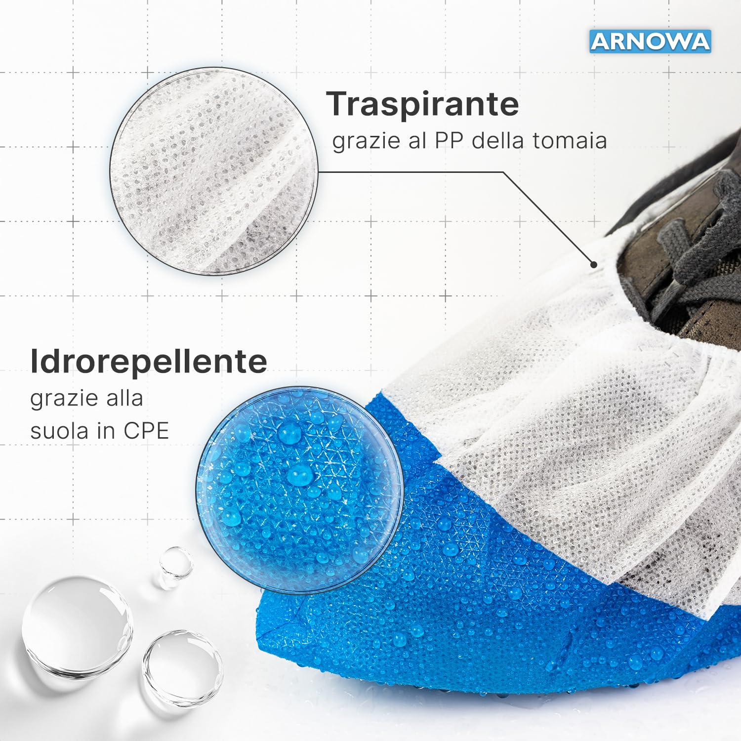 ARNOMED Copriscarpe monouso CPE PP 50 pezzi 17x40cm calzari usa e getta bianchi suola CPE blu taglia unica
