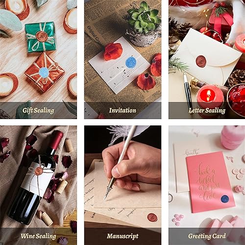 Miniatura 7 de Comealltime Kit de sellado de cera con caja de regalo 624 cuentas de sello de cera con 2 sellos de cera de sellado bolígrafo metálico de sellado de