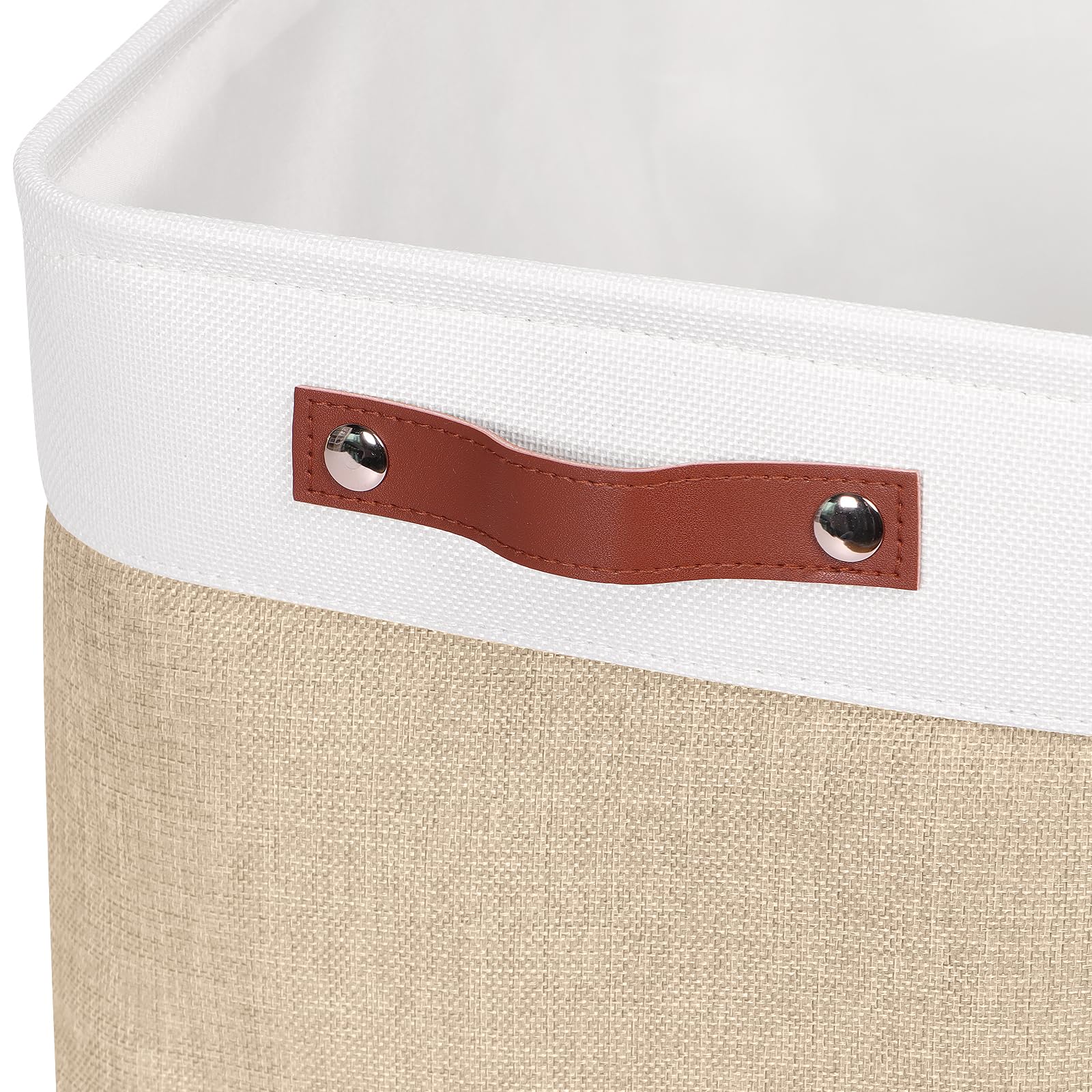Syeeiex Large Fabric Storage Basket with Leather Handles, 3-Pack Large Baskets, Storage Baskets for Shelves, Foldable Baskets for Organizing Toys, Clothes, Office (White/Brown) - Image 3