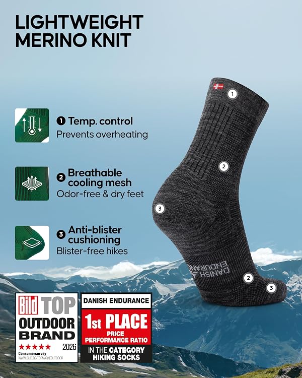 DANISH ENDURANCE Merino Wool Light Hiking Socks, Cushioned & Moisture Wicking Hiking Socks, Men, Women & Kids, 3 Pack by DANISH ENDURANCE - Image 2