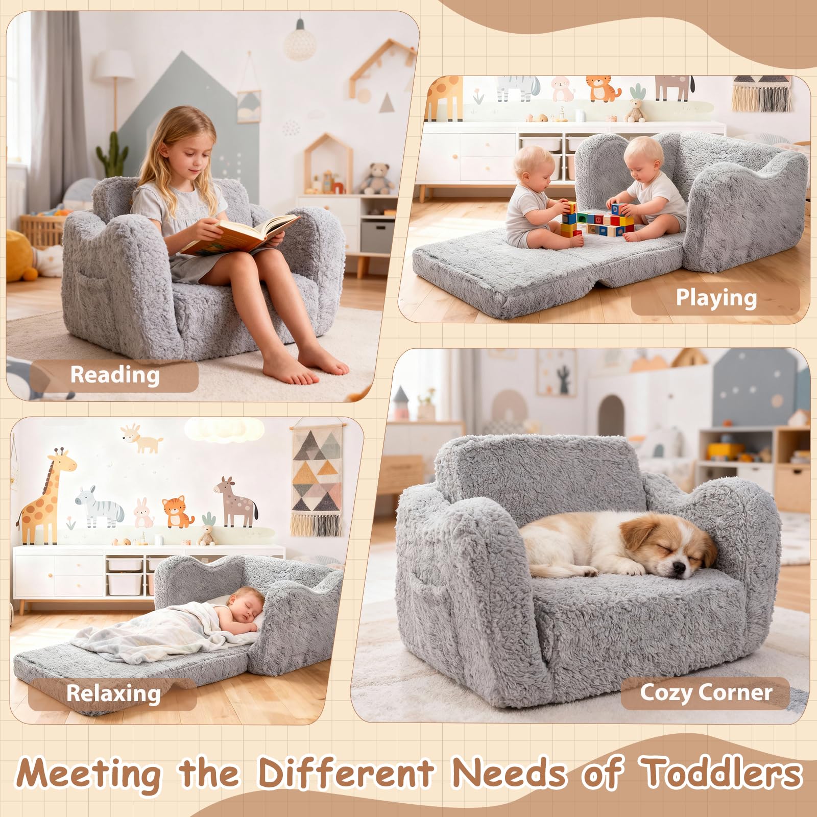 Kindersofa Ausklappbar, 2-in-1 Kleinkinder Schlafsofa, Kindersessel mit Schlaffunktion, Mini Couch für Kuschelecke Kinderzimmer, Fancy Spielsofa für Jungen und Mädchen im Alter von 1–3 Jahren