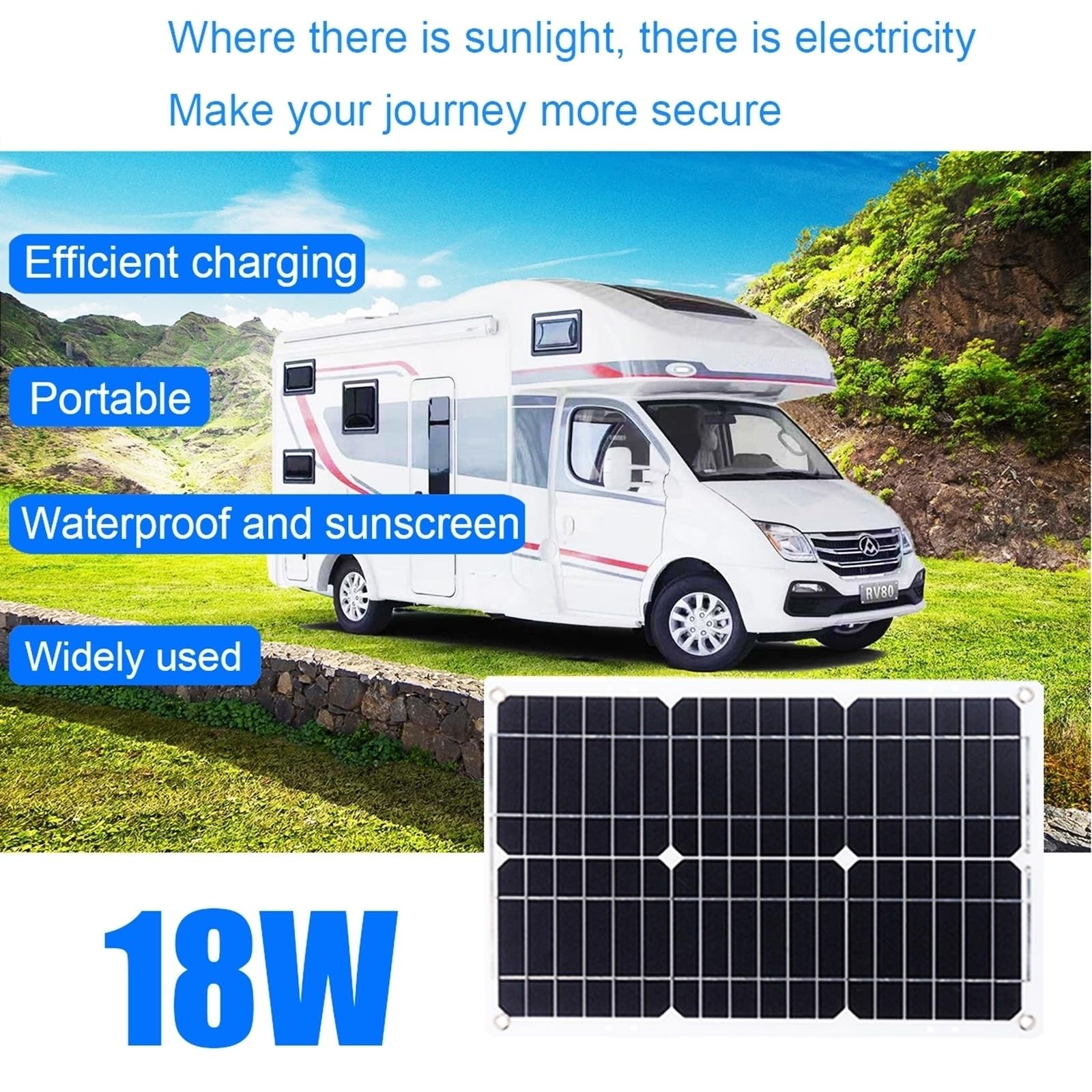 Kit de Panel Solar: inversor de Corriente para Coche de 500 W, Controlador de Carga PWM de 30 A, Panel Solar Impermeable de 18 W para Autocaravana, Barco y Motocicleta.