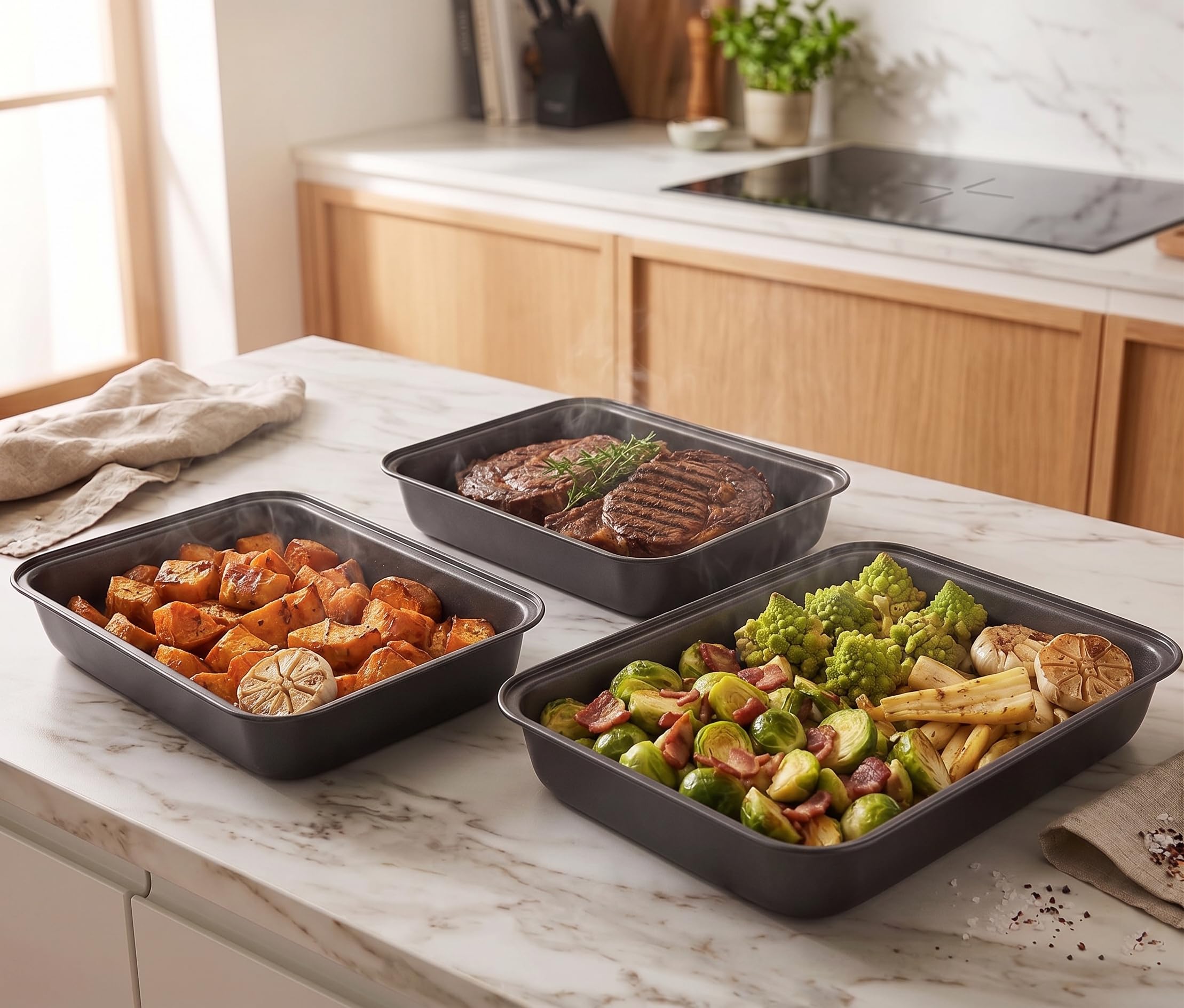 Set di 3 Teglie da Forno Antiaderenti in Acciaio al Carbonio - Cottura Uniforme e Facile Pulizia - Ideali per Lasagne, Arrosti e Verdure - Perfette per Famiglie e Meal Prep