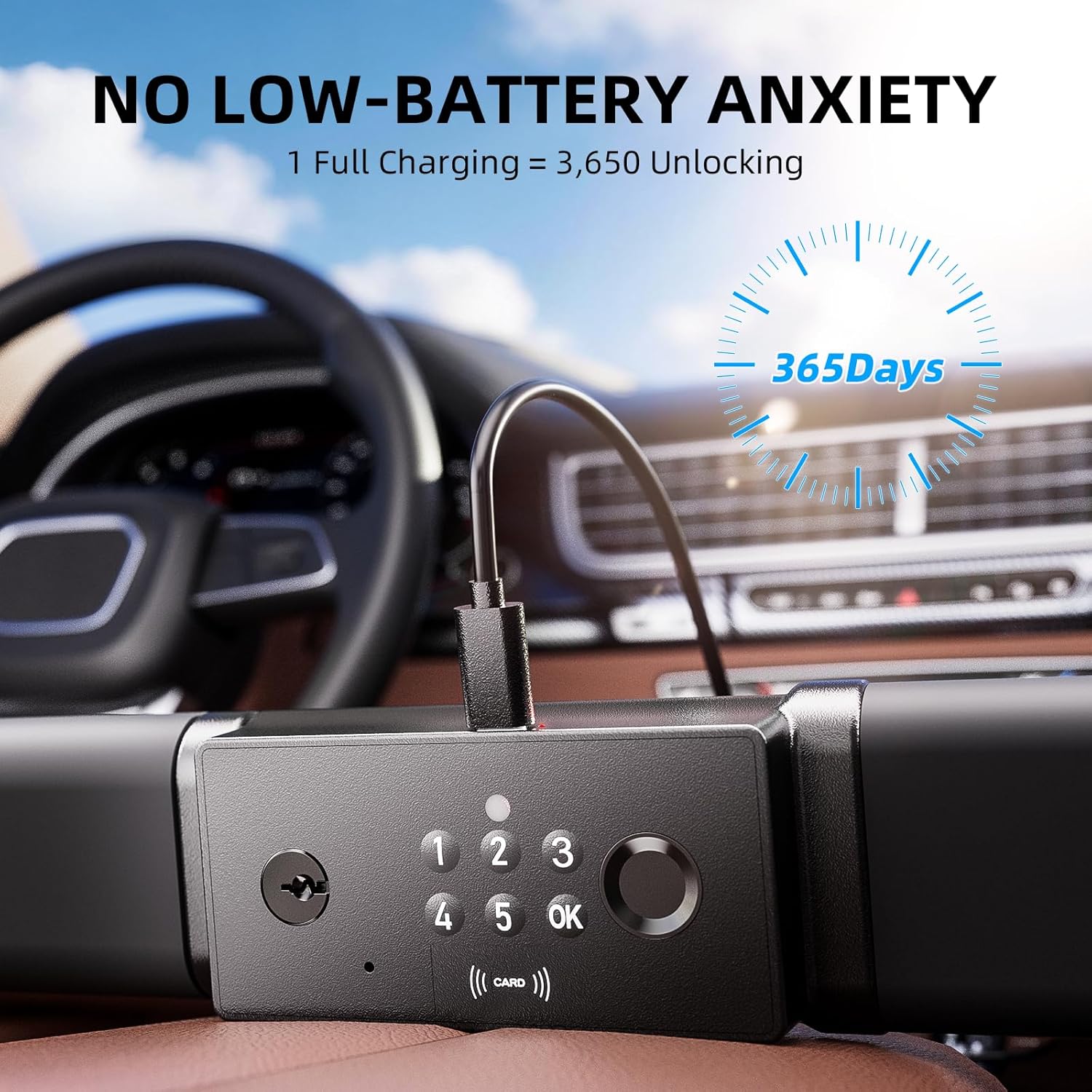 eRapta Smart Steering Wheel Lock, Fingerprint and Numeric Keypad Antitheft Car Security Lock with Dual Alarm, Adjustable Length for Universal Standard Shaped Steering Wheels, Window Breaker Included