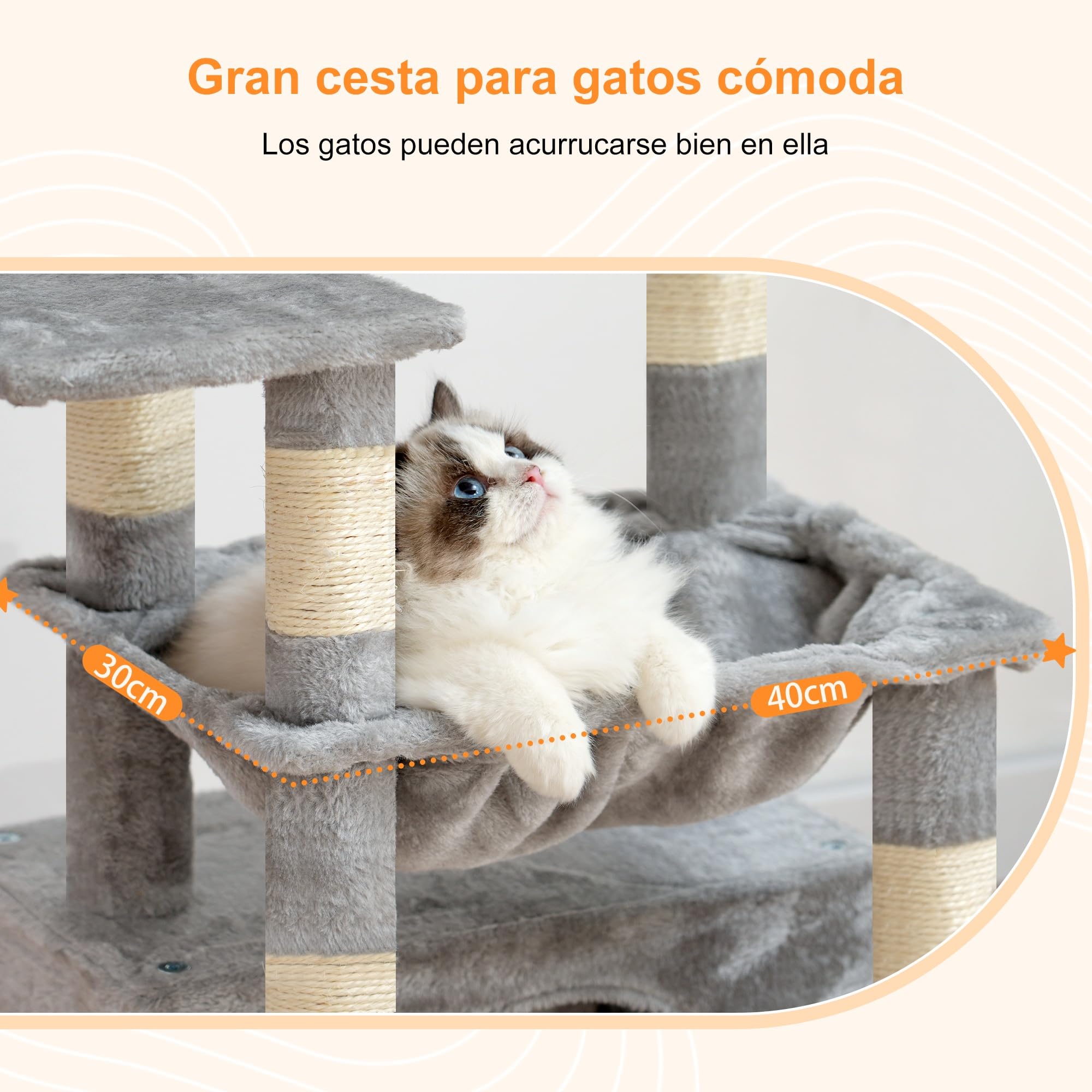 Heybly Árbol para Rascarse de Gatos, Árbol con Cesto Extra Grande y Suave, Cama Espaciosa y Lugar de Dormir Escondido, Gris Claro HCT008SW