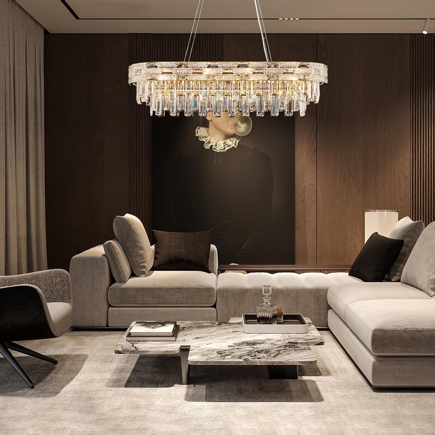 Modern Crystal Chandelier,12-Light Gold Chandelier Light Fixture Contemporary Luxury K9 Crystal Rectangular Pendant Ceiling Light Fixture for Dining Living Room Kitchen Island Bar (L34.3Inch)