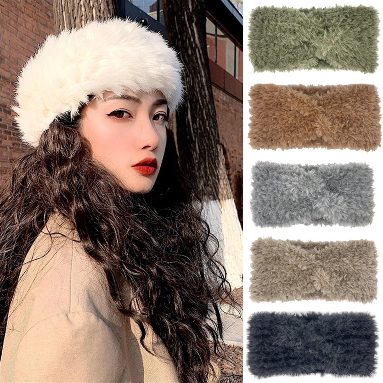 2 pièces hiver chaud épais fourrure bandeau moelleux fausse femmes fille croix chapeau en plein air cache-oreilles Ski chapeaux Pour Hiver(Khaki)