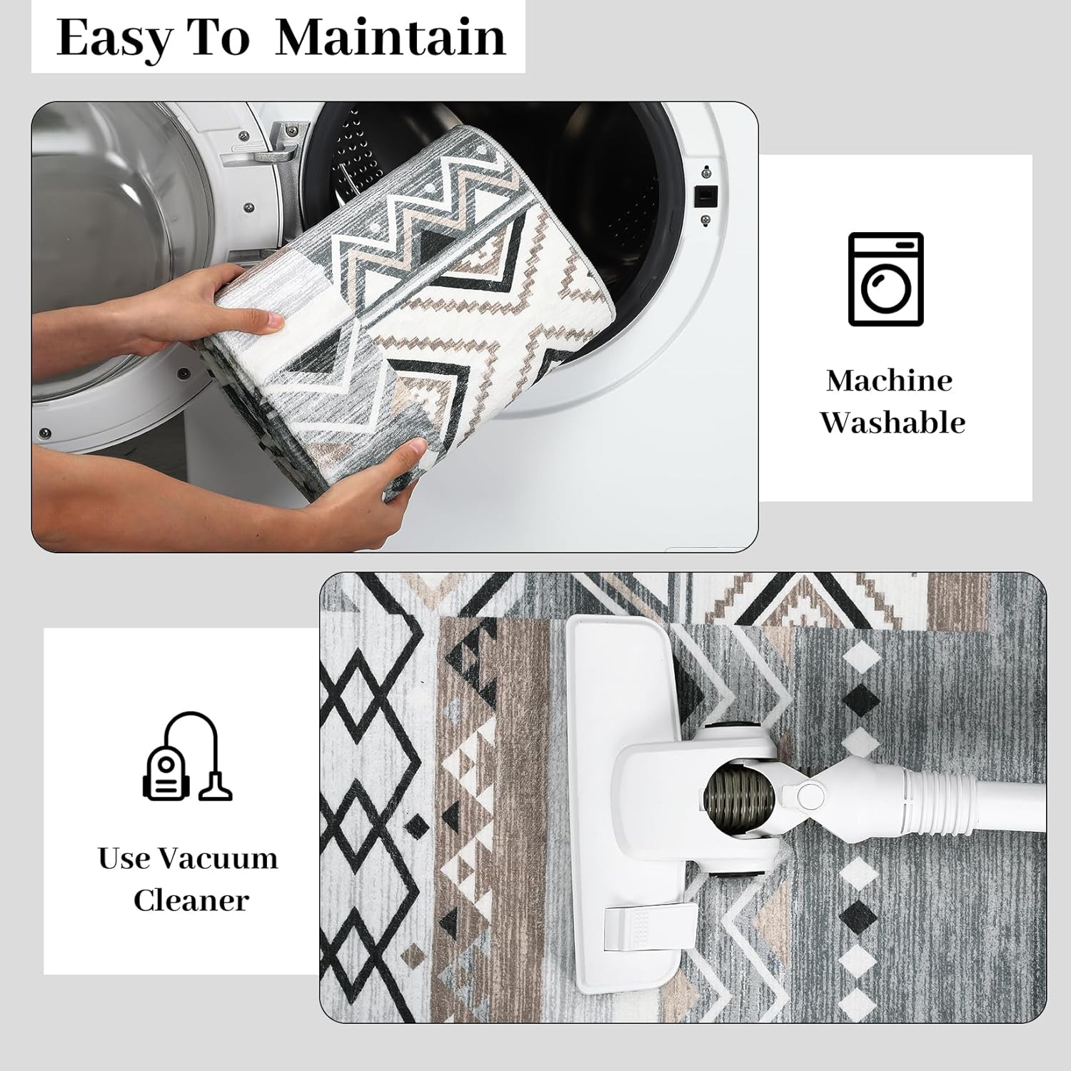 GarveeHome 9x12 Washable Rugs for Living Room, Tribal Geometric Distressed Vintage Area Rug for Bedroom Patchwork Office Carpet, Soft Low Pile Neutral Rug Non Slip, Grey