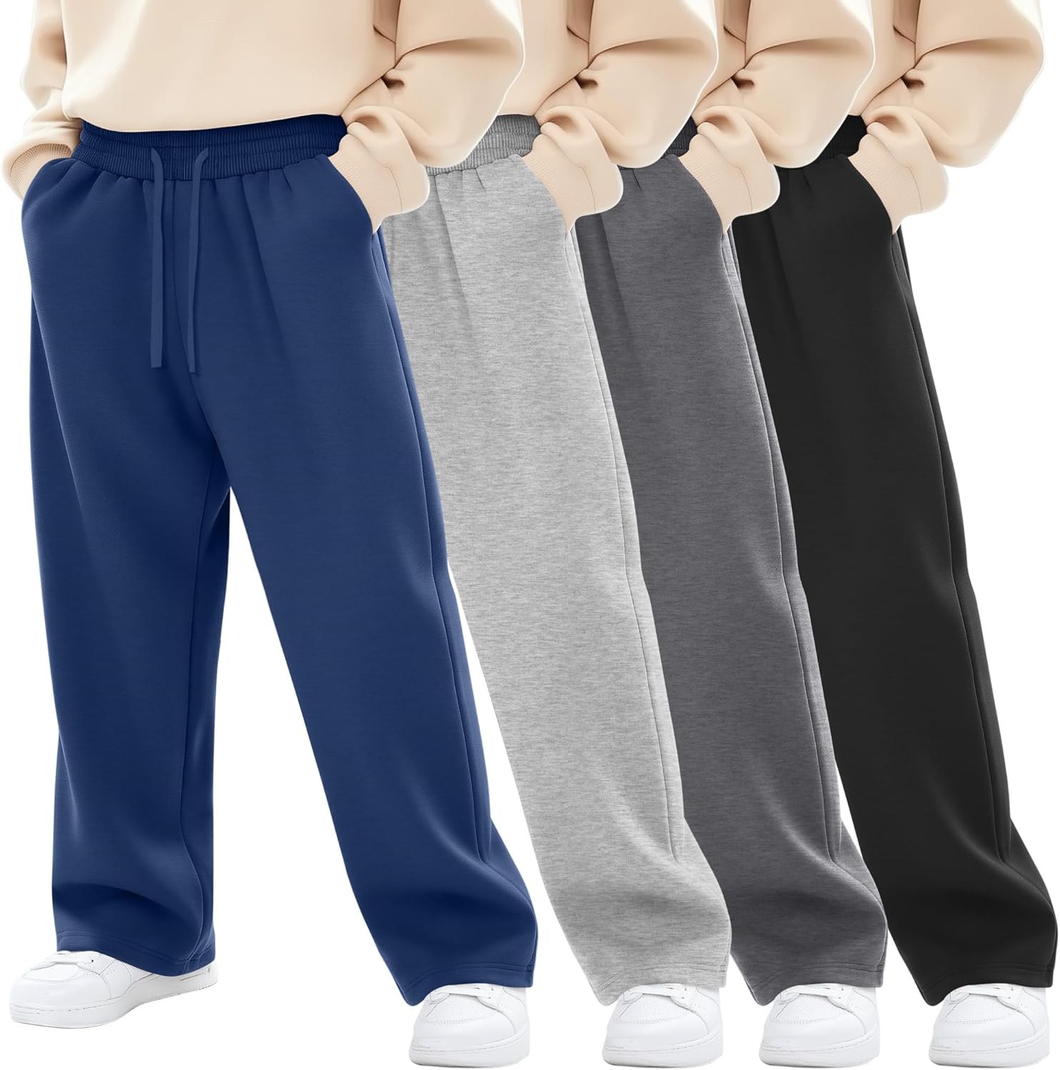 4 Pack Boys Baggy Sweatpants Teen Youth Straight Leg Open Bottom Casual Pants Basic Athletic Workout Kids Joggers
