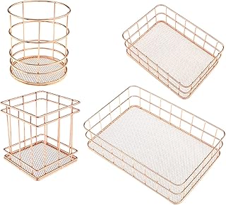 4pcs Kit de Panier de Rangement en Treillis Métallique Rose Plaqué Or Paniers en Métal Fixé Fer Creux Maquillage Porte-Brosse Maille Cuisine Chambre Maison Salle de Bain Mode Moderne