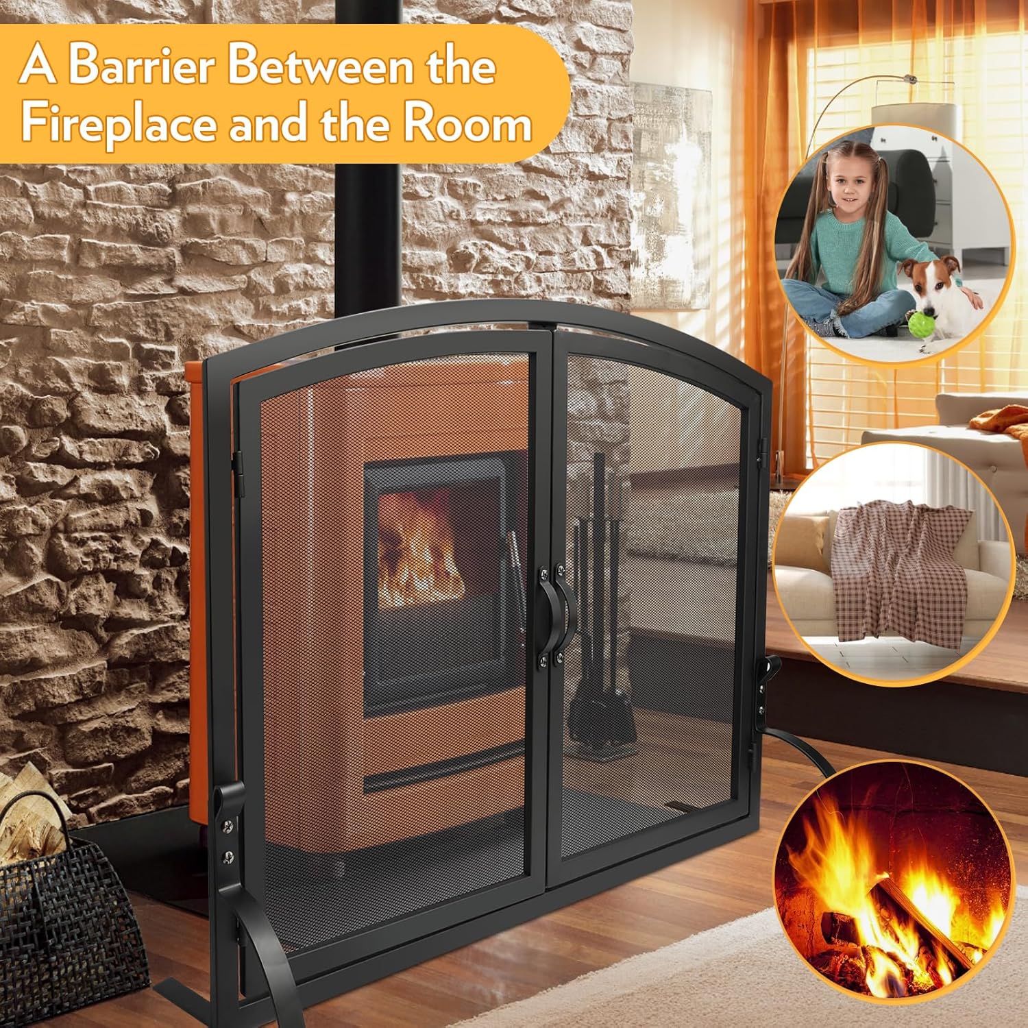 35" x 27" Single Panel Fireplace Screen with Magnetic Doors - Flat Fireplace Screens Stand Alone, Black Wrought Iron Spark Guard Mesh Cover, Arched Freestanding Gate for Indoor Living Room