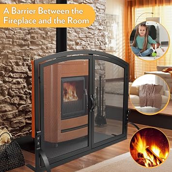 35x27 Arched Fireplace Screen with Magnetic Double Doors, Black | Freestanding flat iron spark guard. Child & pet safe mesh cover for indoor hearth or wood stove. Durable and easy to assemble