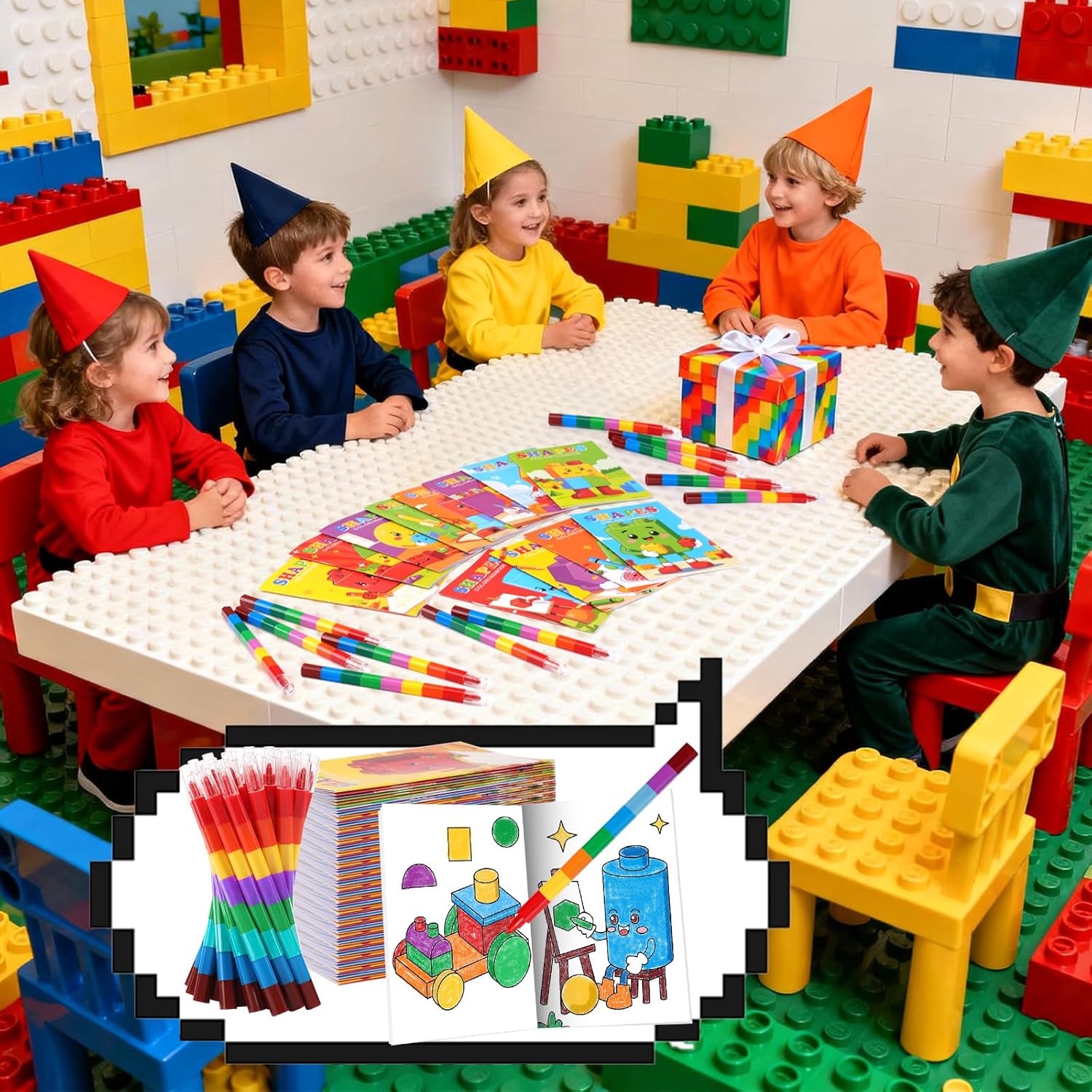 BenLouis 24 Building Block Mini Coloring Books Kids with 24 Stacking Crayons Geometric Shapes Party Favors Activity Books Bulk for Kids Building Goodie Bag Gift Stuffer Classroom Reward