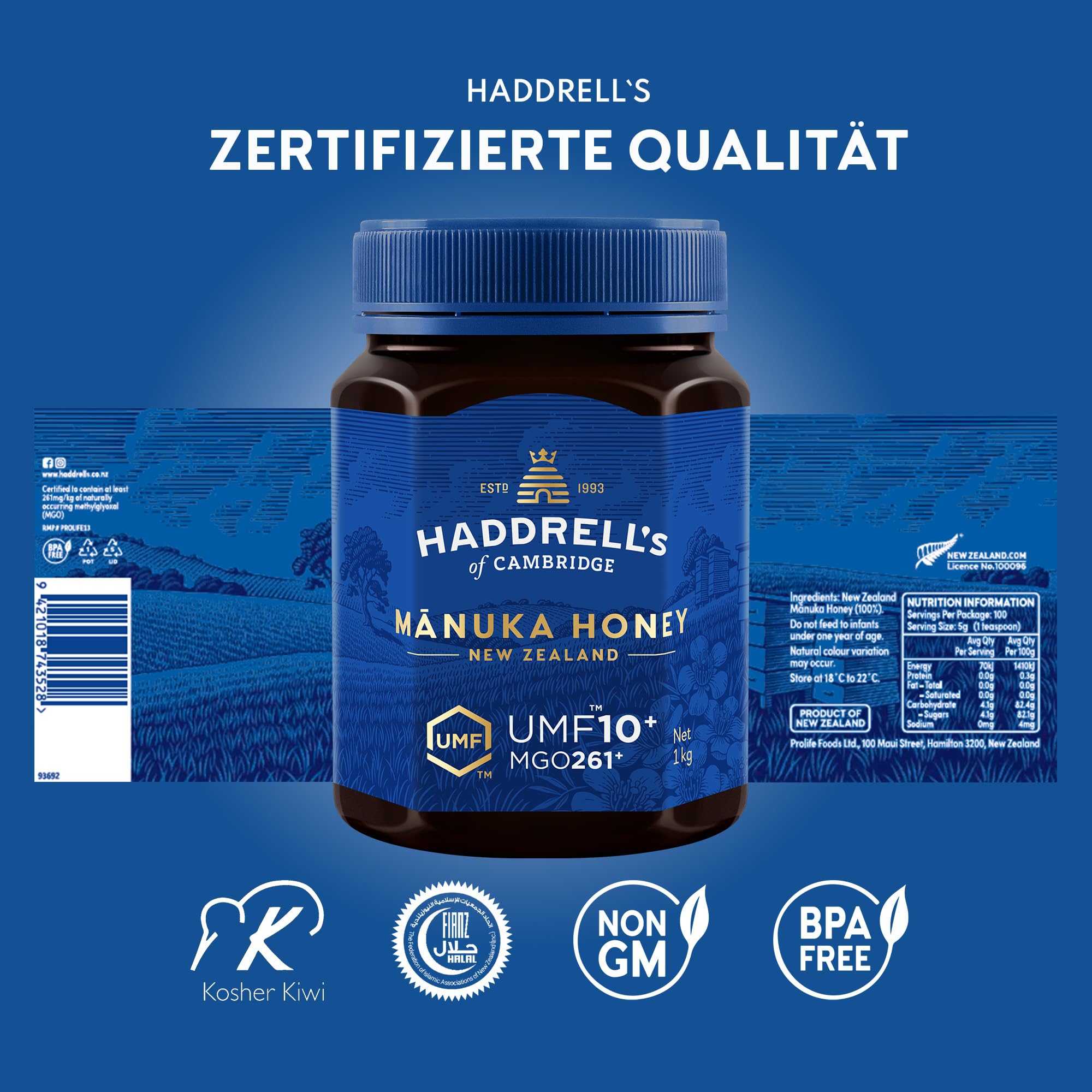 Haddrell's of Cambridge Manuka Honig 250+ MGO UMF 10+ 1 kg | roh und mit hohem MGO-Gehalt, zertifizierte Premium-Qualität aus Neuseeland, für Frühstück, Tee und Vorrat