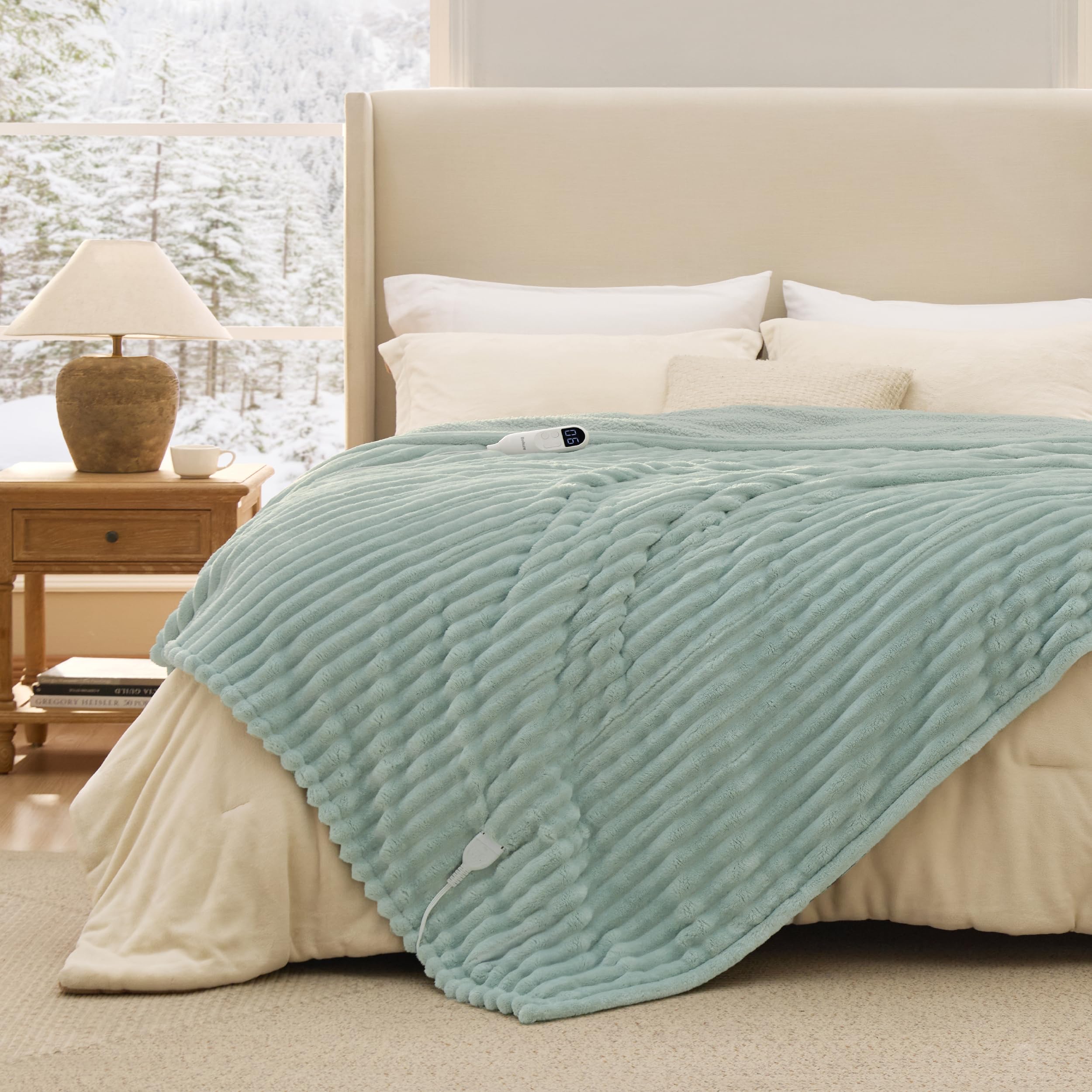 Bedsure Electric Blanket Full Size - Thick Striped Flannel Heated Blanket with 6 Heat Settings, 10 Time Settings, 8-Hour Timer Auto Shut Off, Gifts for Grandma (72x84 inches, Green)