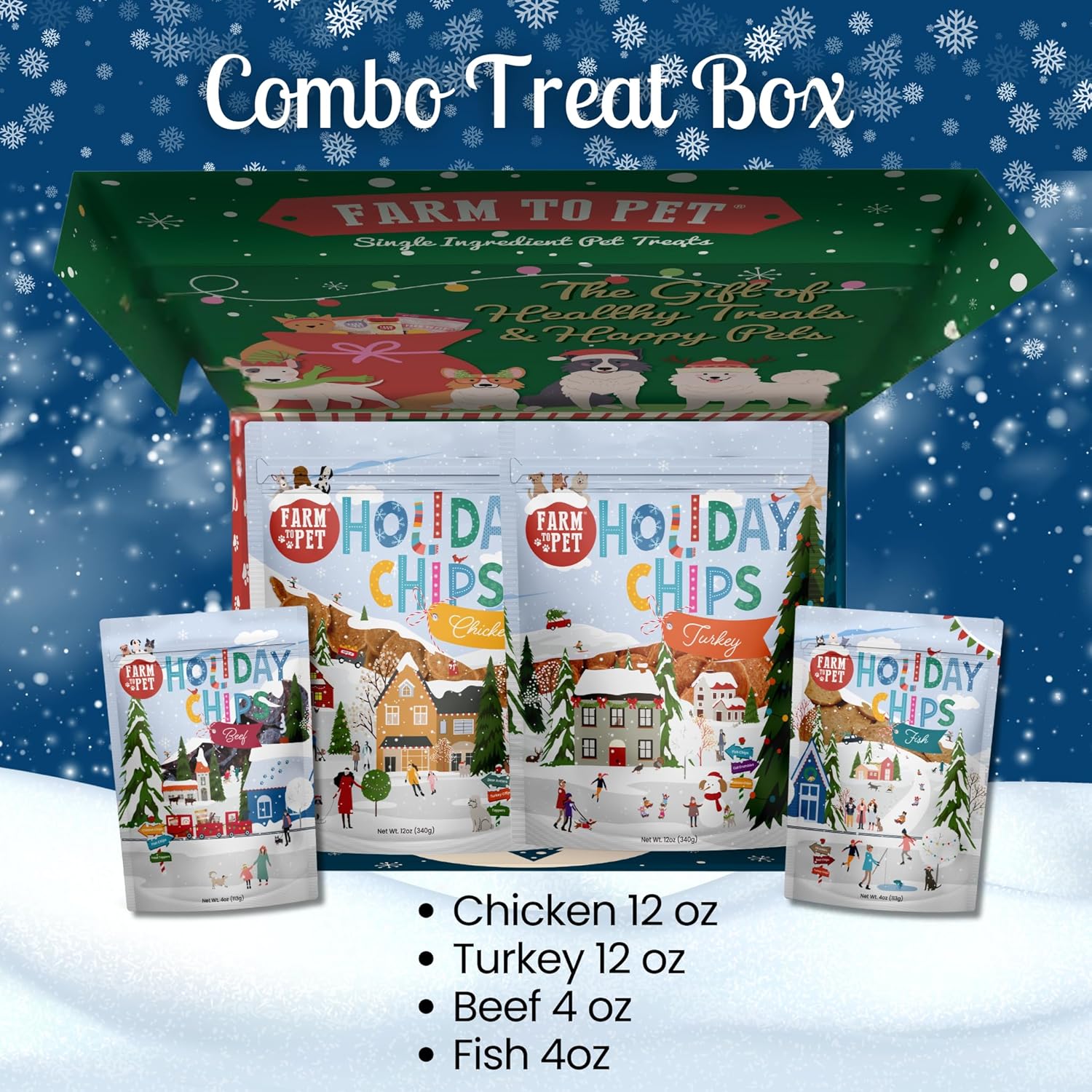 Farm To Pet - Santa Paws' Best Chipmas Dog Treat Box - Chicken, Turkey, Beef, Fish Chips - Christmas Set, Lean, All Natural, Healthy Dog Treats for Small, Medium, Large Breeds & Puppies
