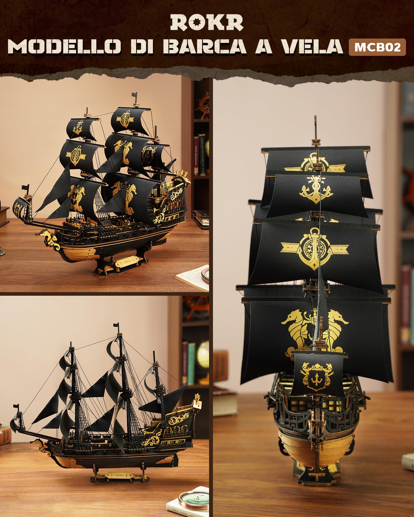 ROKR Kit di Modelli di Barche in Legno Con Puzzle 3D per Adulti, Barca a Vela Fai Da Te Meccanica, Kit di Modelli per Adulti, The Seahorse Barque MCB02