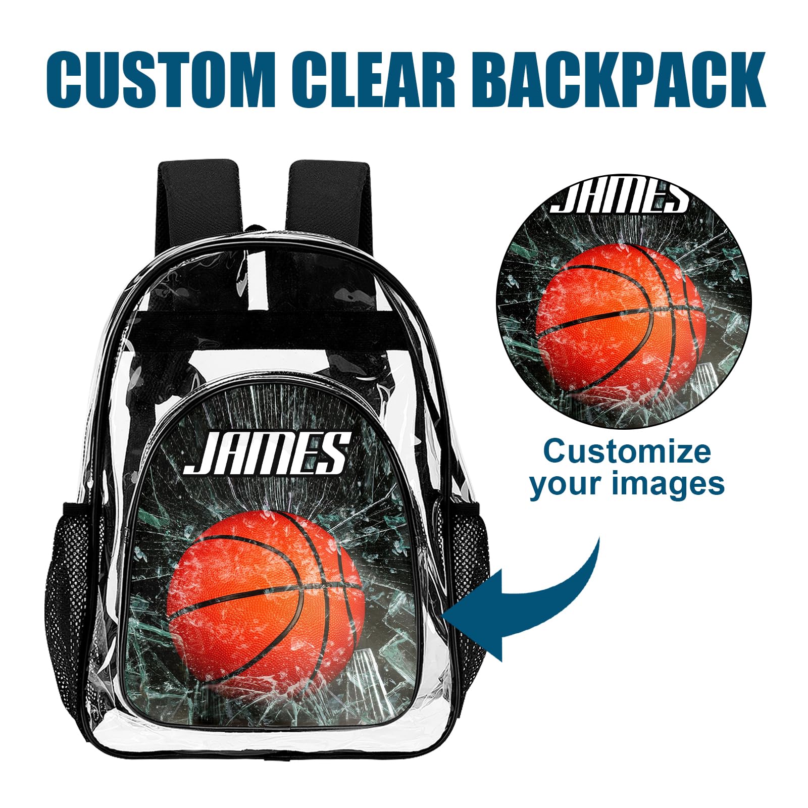 Hetano Personalized Clear School Backpack for Boys, Custom Basketball Pattern Backpacks with Name, TPU Waterproof Transparent Bookbag Suitable for Kids, Best Back to School Gifts