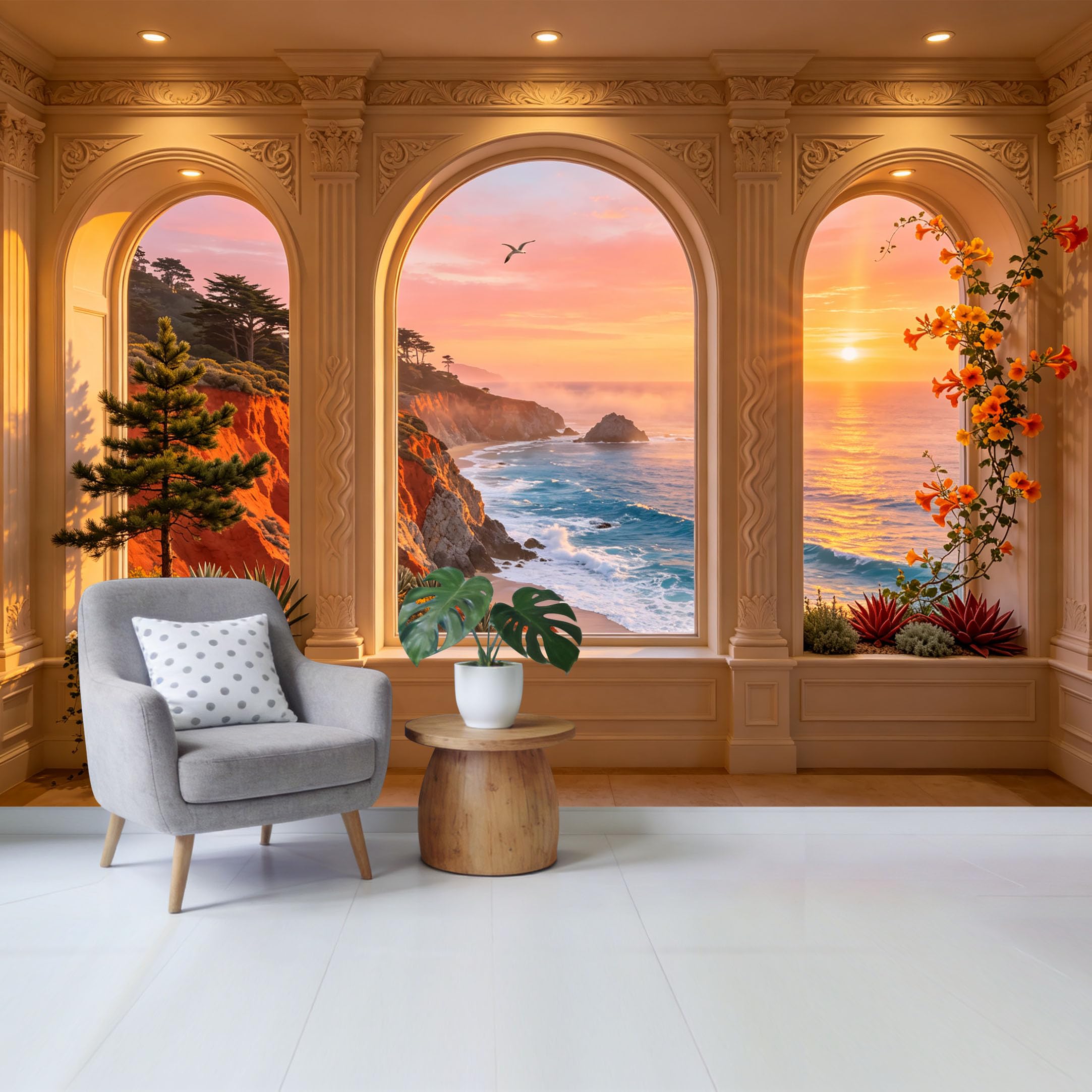 Custom Size Wall Mural Coastal Sunset Ocean View Cliff Landscape with Tropical Plants and Elegant Arch Window Removable Self Adhesive Fabric Home Wall Decor for Living Room Bedroom Bathroom