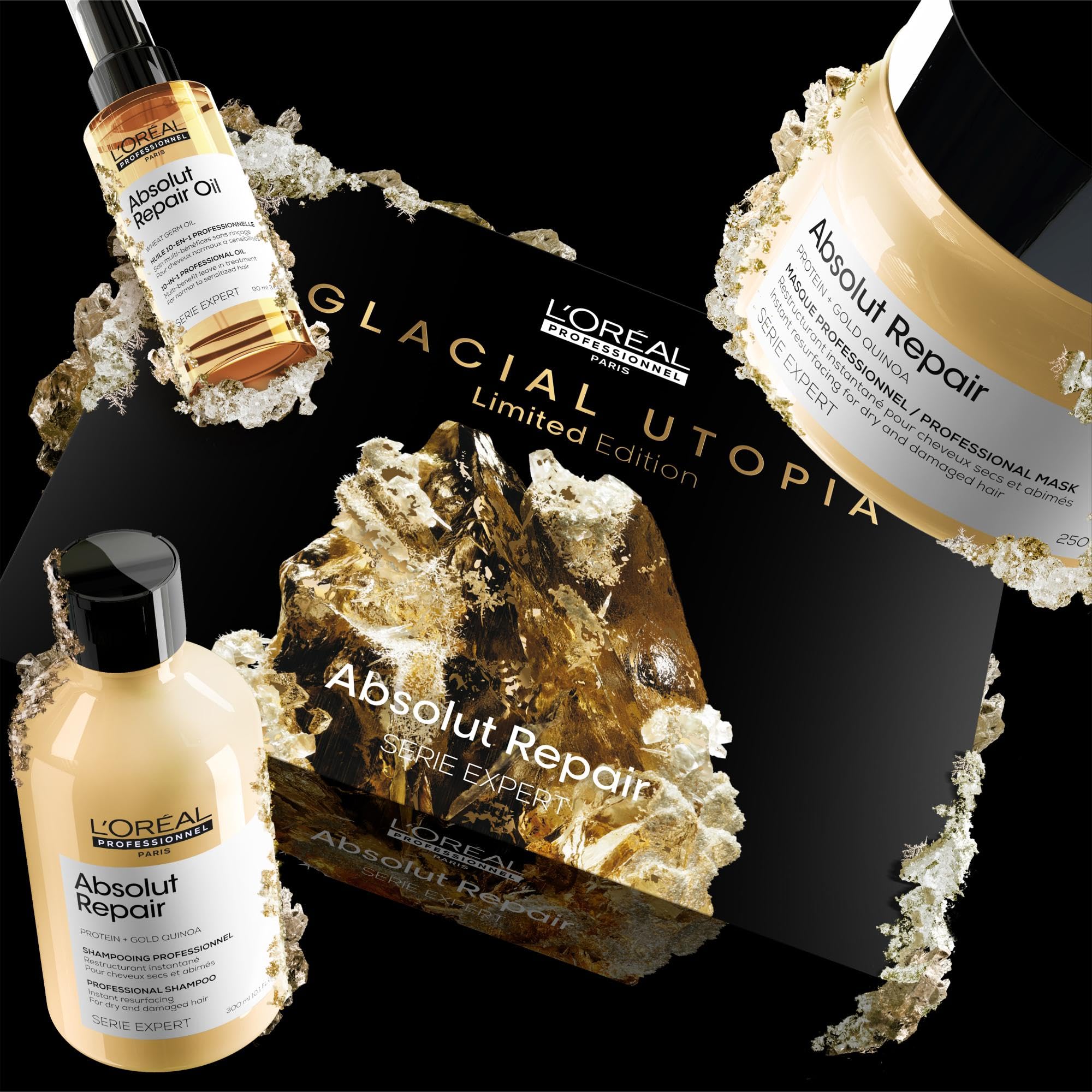 L'Oréal Professionnel, Coffret Cadeau Absolut Repair, Routine Réparatrice, Cheveux Secs & Abîmés, Trio Shampoing + Masque + Huile 10-En-1, Édition Limitée Serie Expert