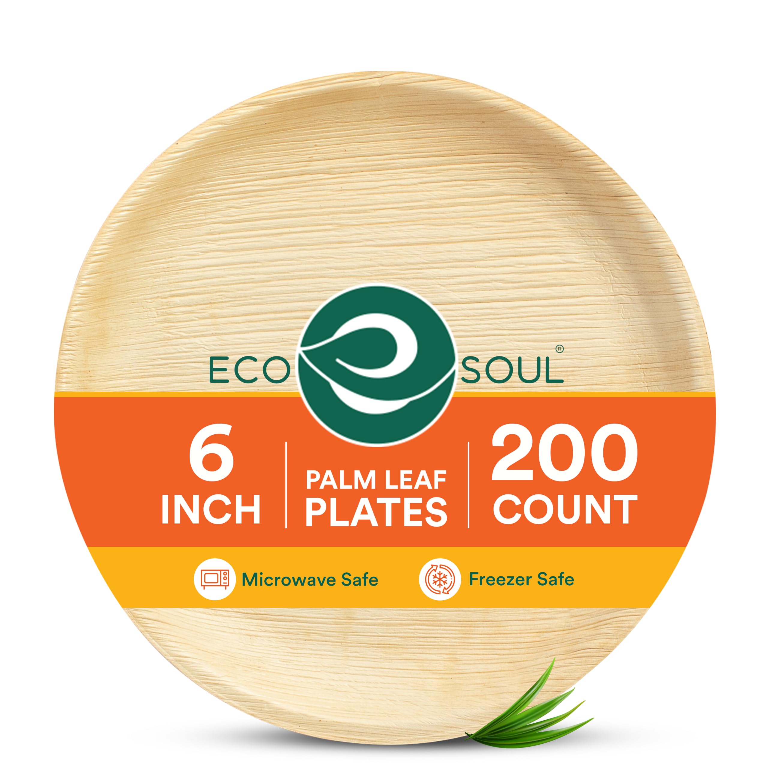 ECO SOUL Kompostowalne okrągłe talerze z liści palmowych 15 cm, opakowanie 200 sztuk, jednorazowa zastawa stołowa przypominająca bambus, na imprezę, grill, piknik, ślub, nadają się do recyklingu,