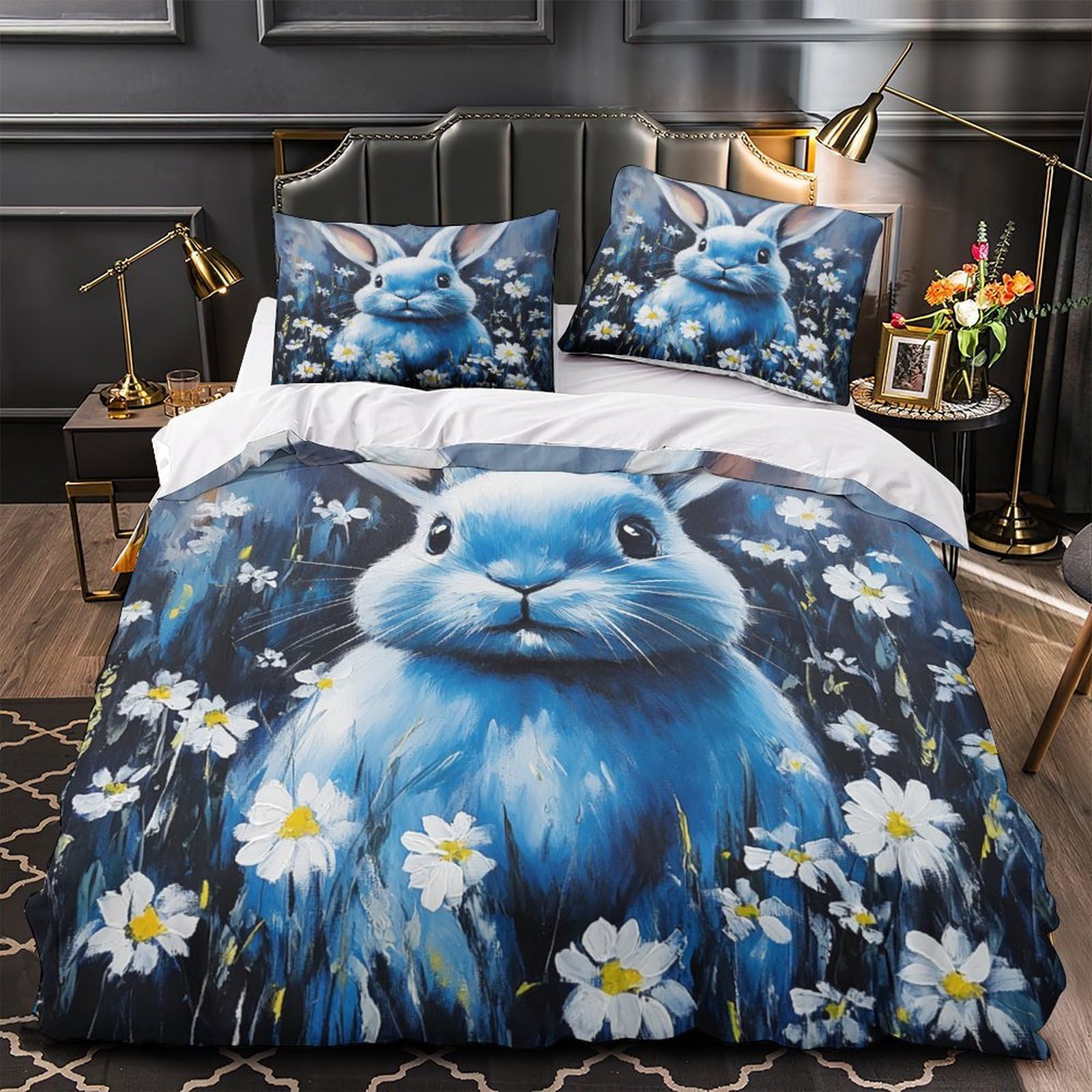 Housse de couette lapin bleu 3d anti-décoloration en microfibre résistante peinture artistique
