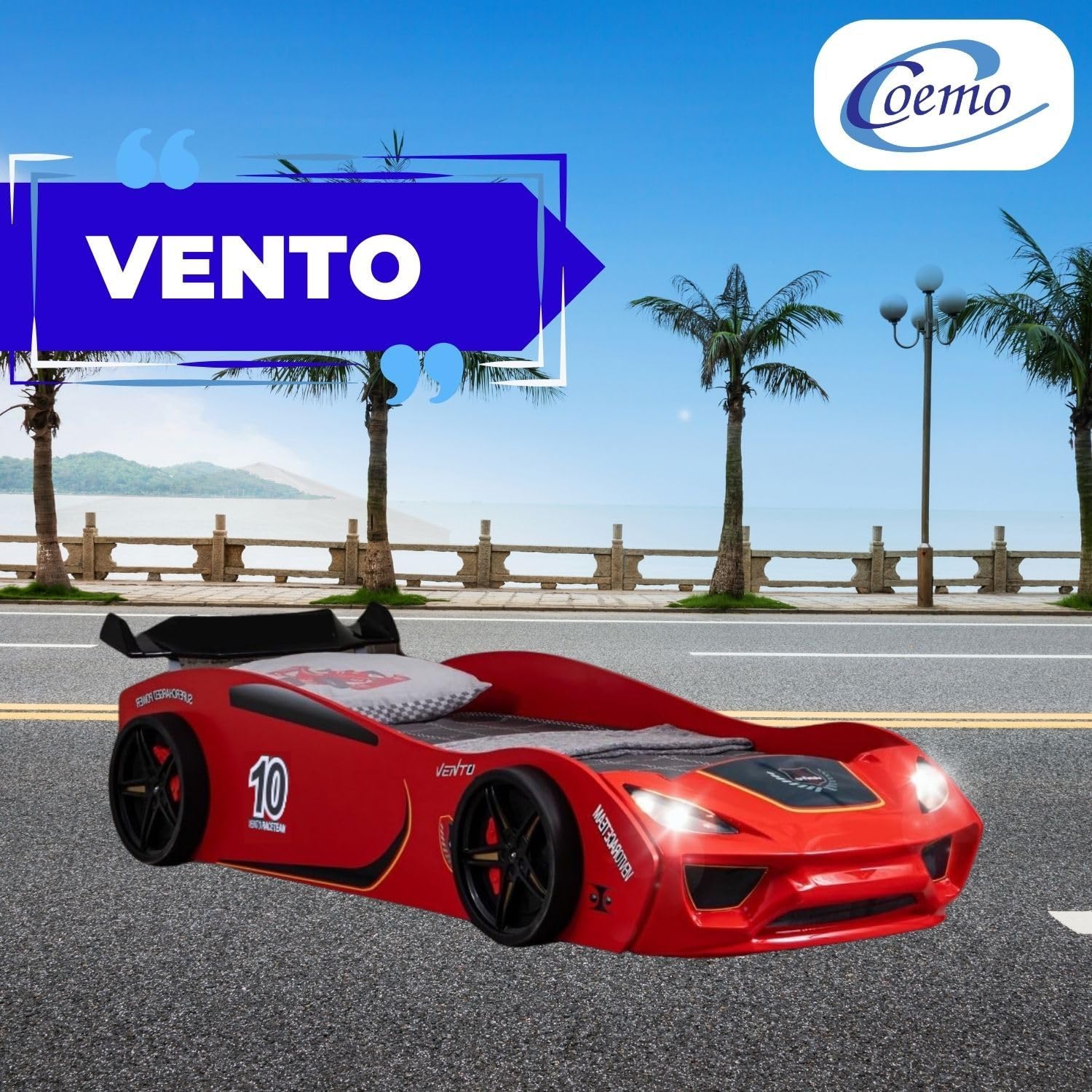 Coemo Autobett Vento Kinderbett 90x200 cm im Rennwagen-Design, Rot | Autobett mit Lattenrost, aufwändig gearbeitete Front mit glänzender Oberfläche, detailgetreue Motive, sportlicher Heckspoiler