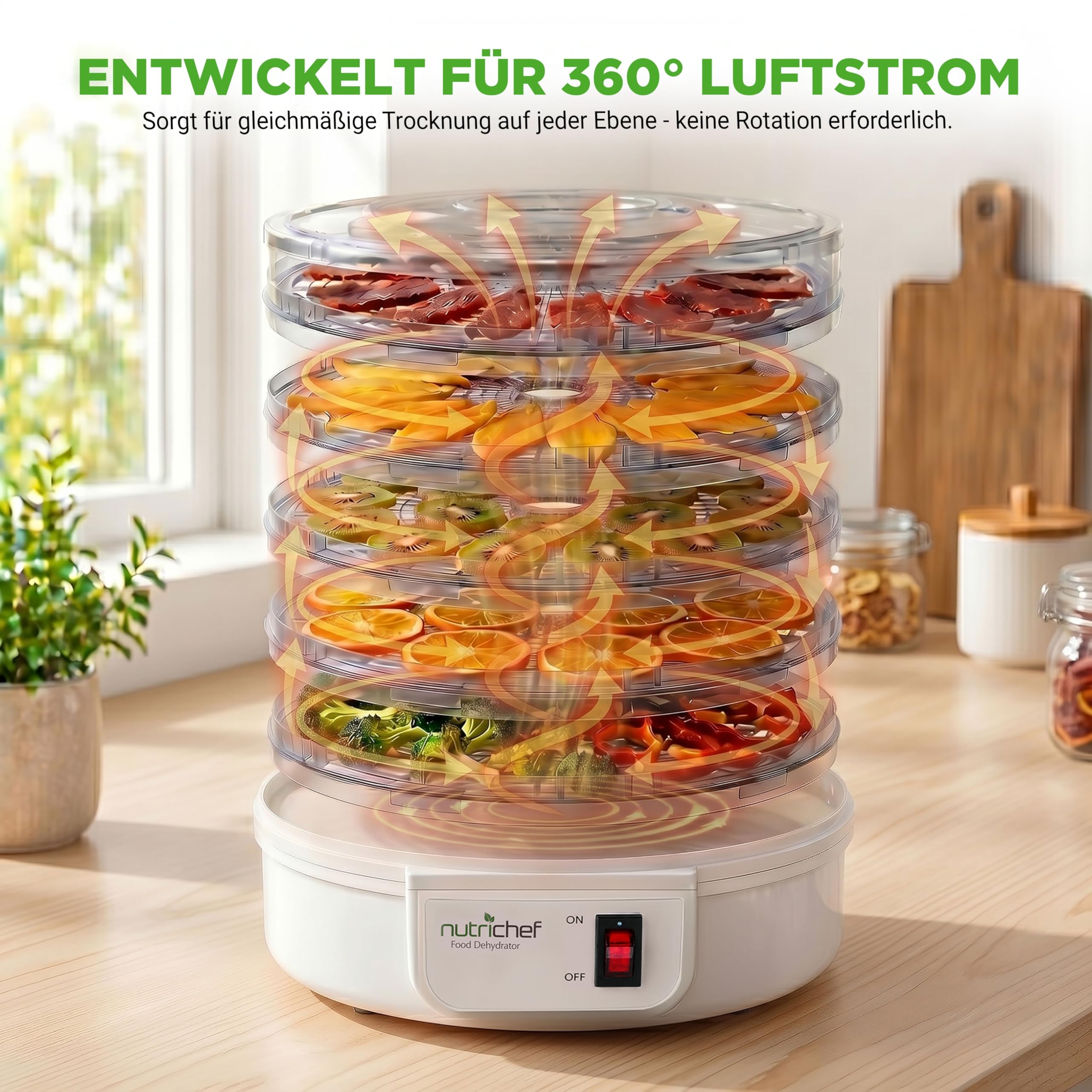Nutrichef Dörrautomat 5 Einschübe – Milchweiß BPA-freies Dörrgerät für Fleisch, Obst, Pilze & Gemüse, 82°C einstellbar, 600W Leistung, leise und leicht zu reinigen