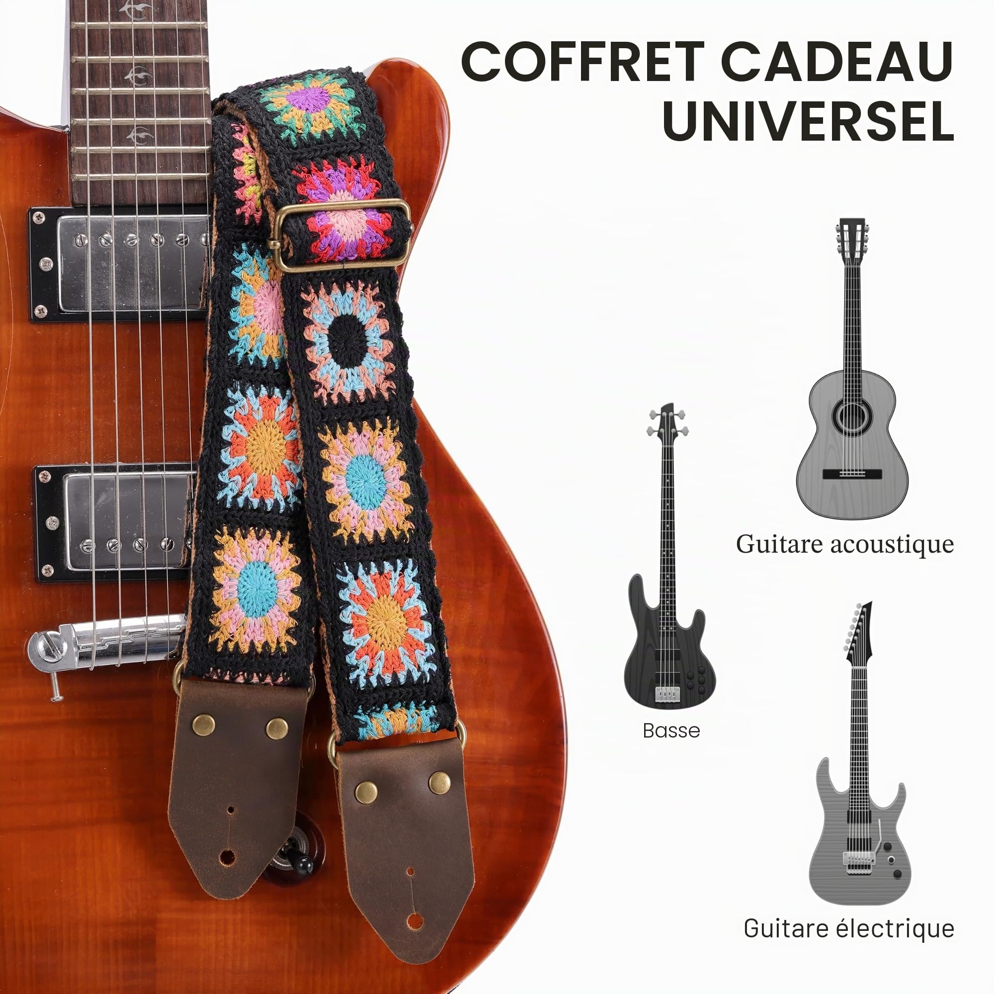Nefelibata Sangle de guitare, sangles de guitare en coton brodé Jacquard avec extrémités en cuir Crazy Horse pour basse, électrique et acoustique, meilleurs cadeaux pour les enfants, les guitaristes
