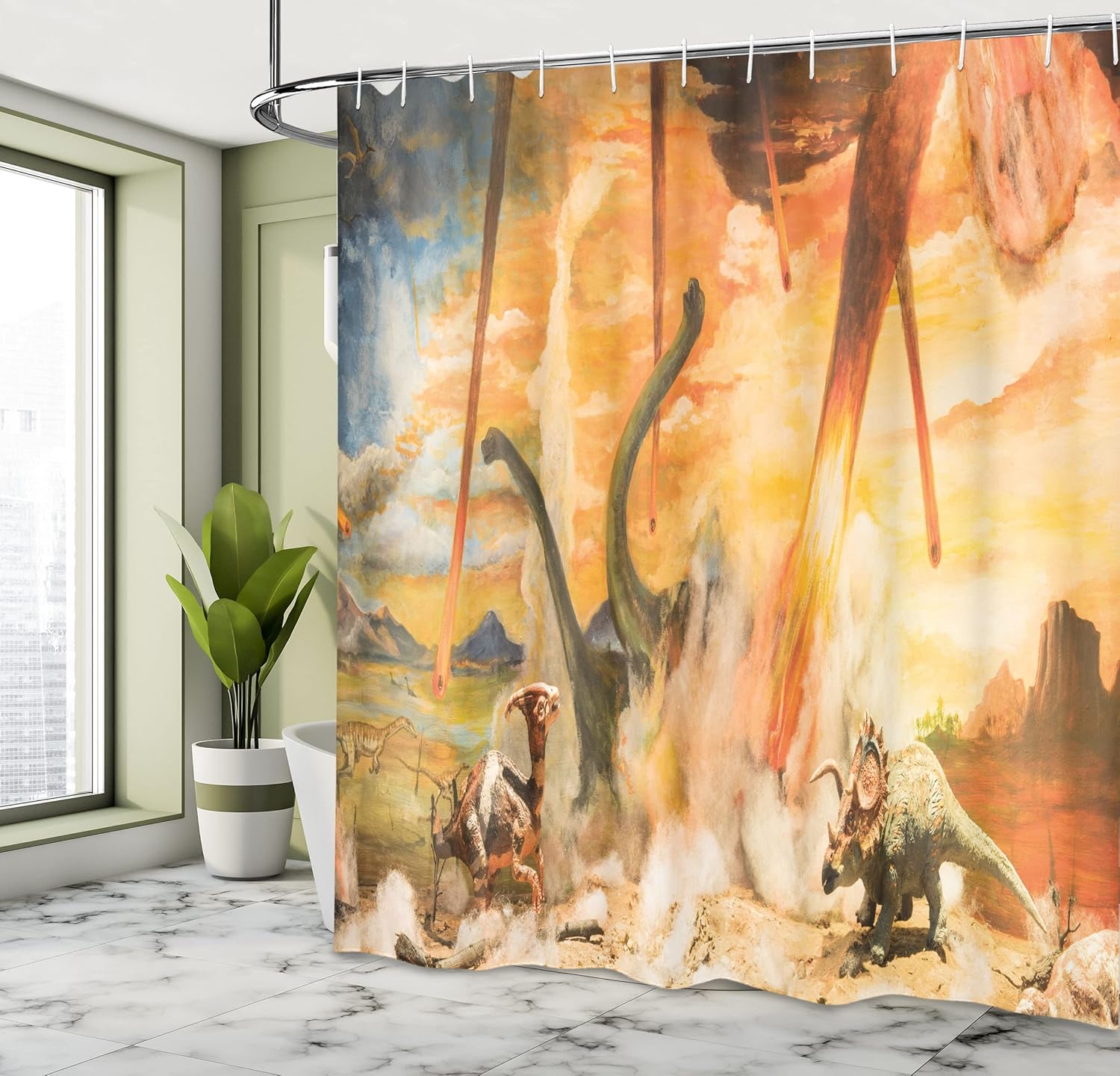 Ambesonne Jurassic Shower Curtain, Dinosaurs Escaping Dying with Meteorite by Crash a Heat of Natural Disaster Illustration, Cloth Fabric Bathroom Set with Hooks, 69" W x 70" L, Avocado Green Salmon