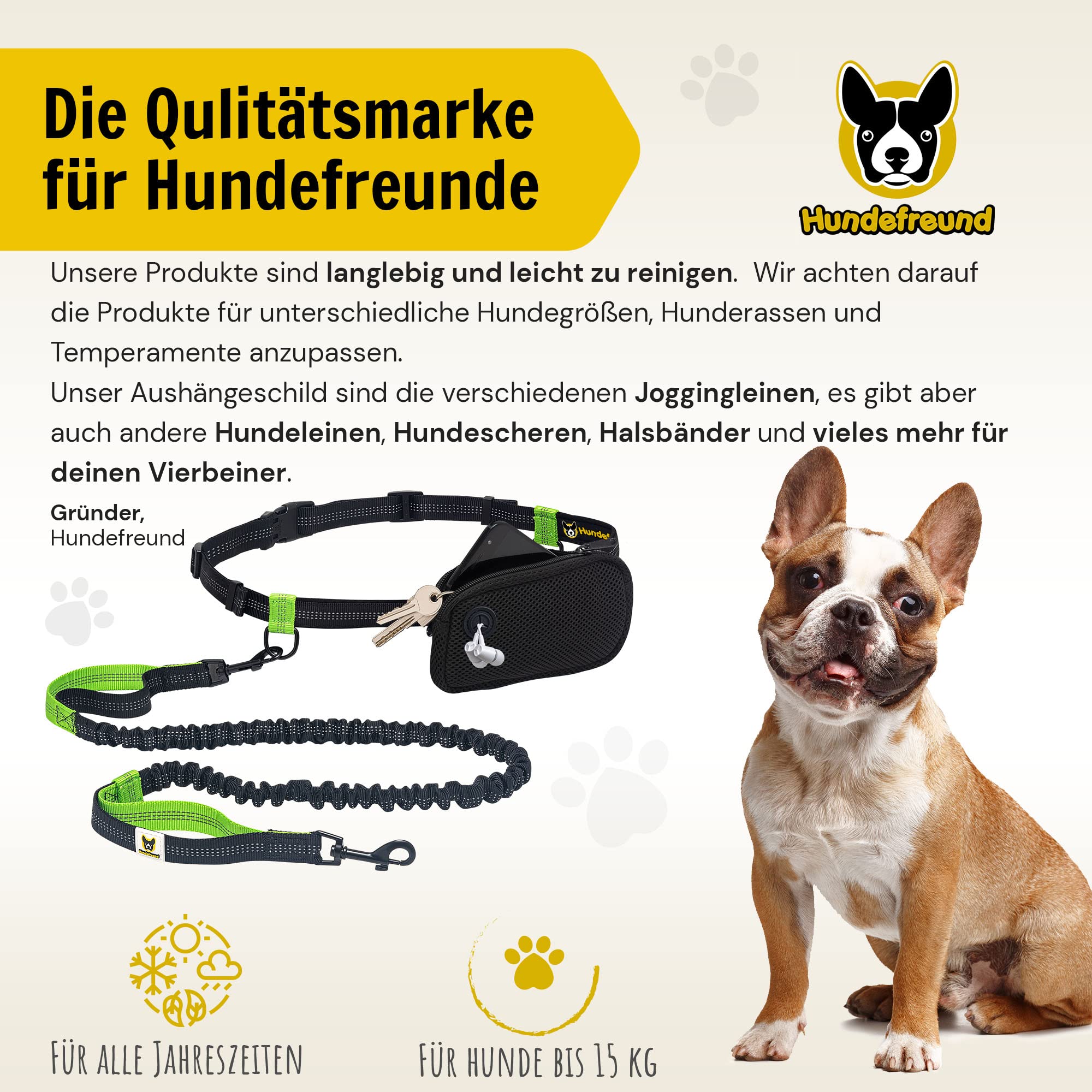 Hundefreund Joggingleine für kleine Hunde bis 15 kg – Laufleine mit Bauchgurt & Tasche – leichte reflektierende Hundeleine, dehnbar 110–160 cm – Freihandleine zum Joggen & Wandern