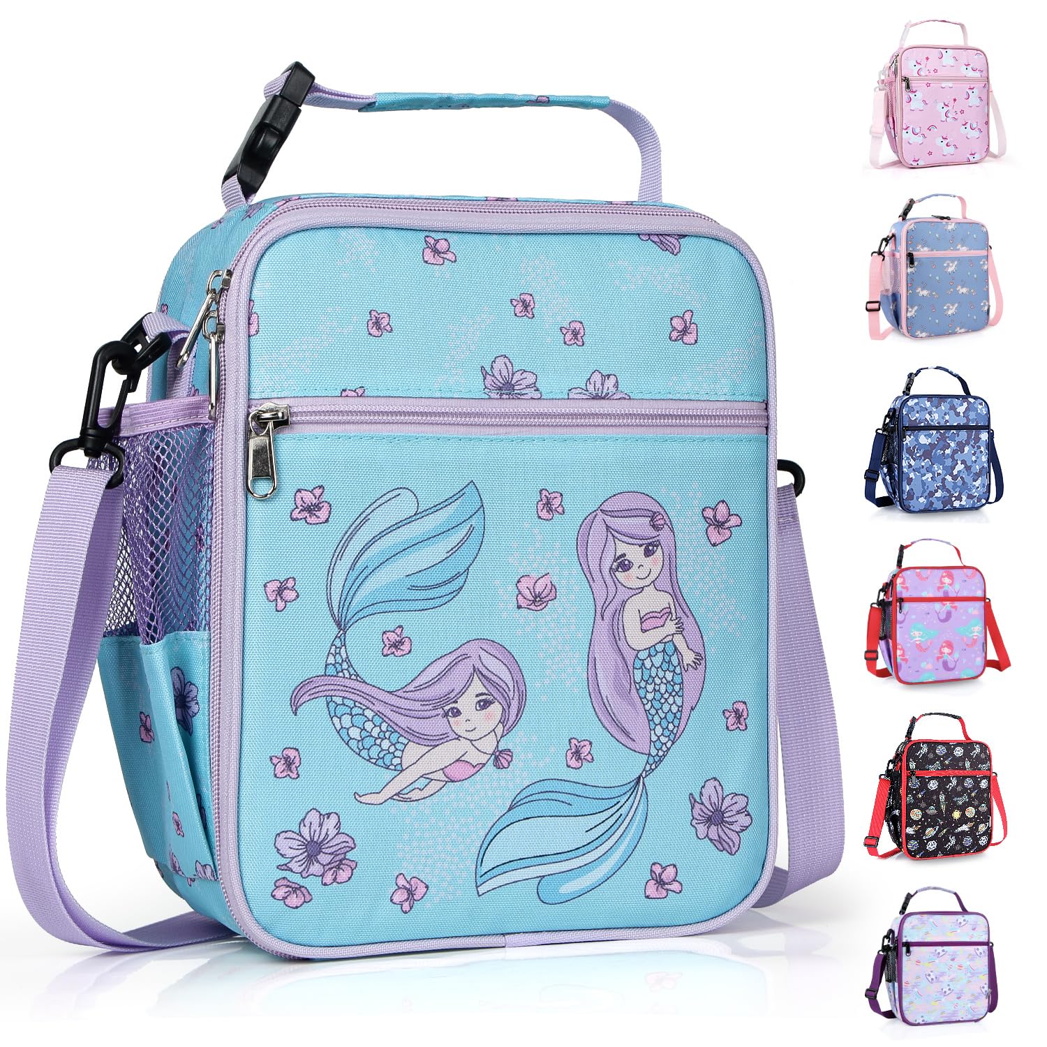hombrima Kids Insulated Lunch Box Bag, Thermal Picnic Cool Bags with Adjustable Strap for Adults Children Women Men Boys Girls School Work (Mermaid01)
