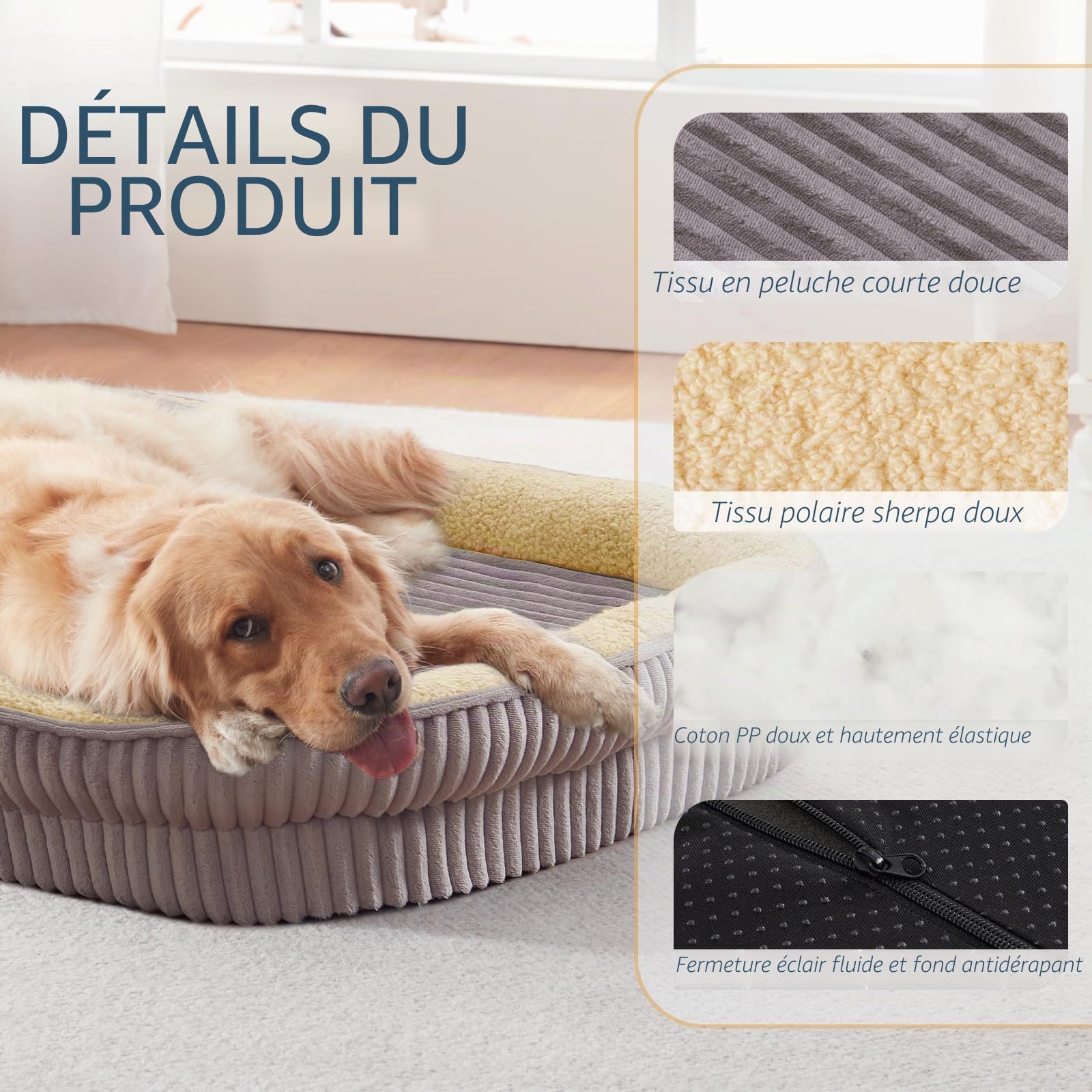 Panier pour Chien, lit orthopédique pour Chiens de Taille Moyenne, canapé pour Chien en Mousse Haute densité, Housse Amovible et Lavable, Base antidérapante, Gris