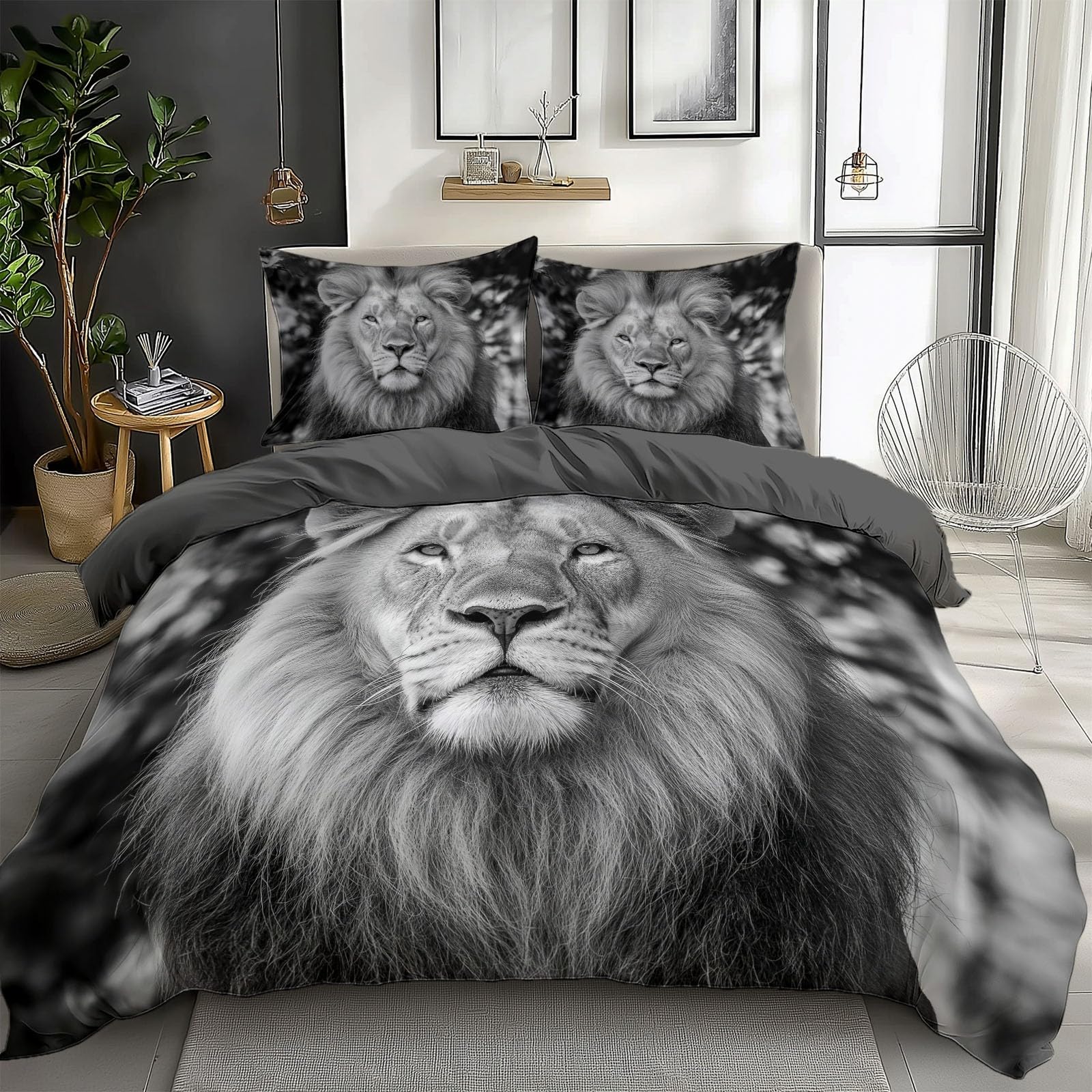 Housse de couette 200x200 lion parure de lit gris 2 personnes adultes