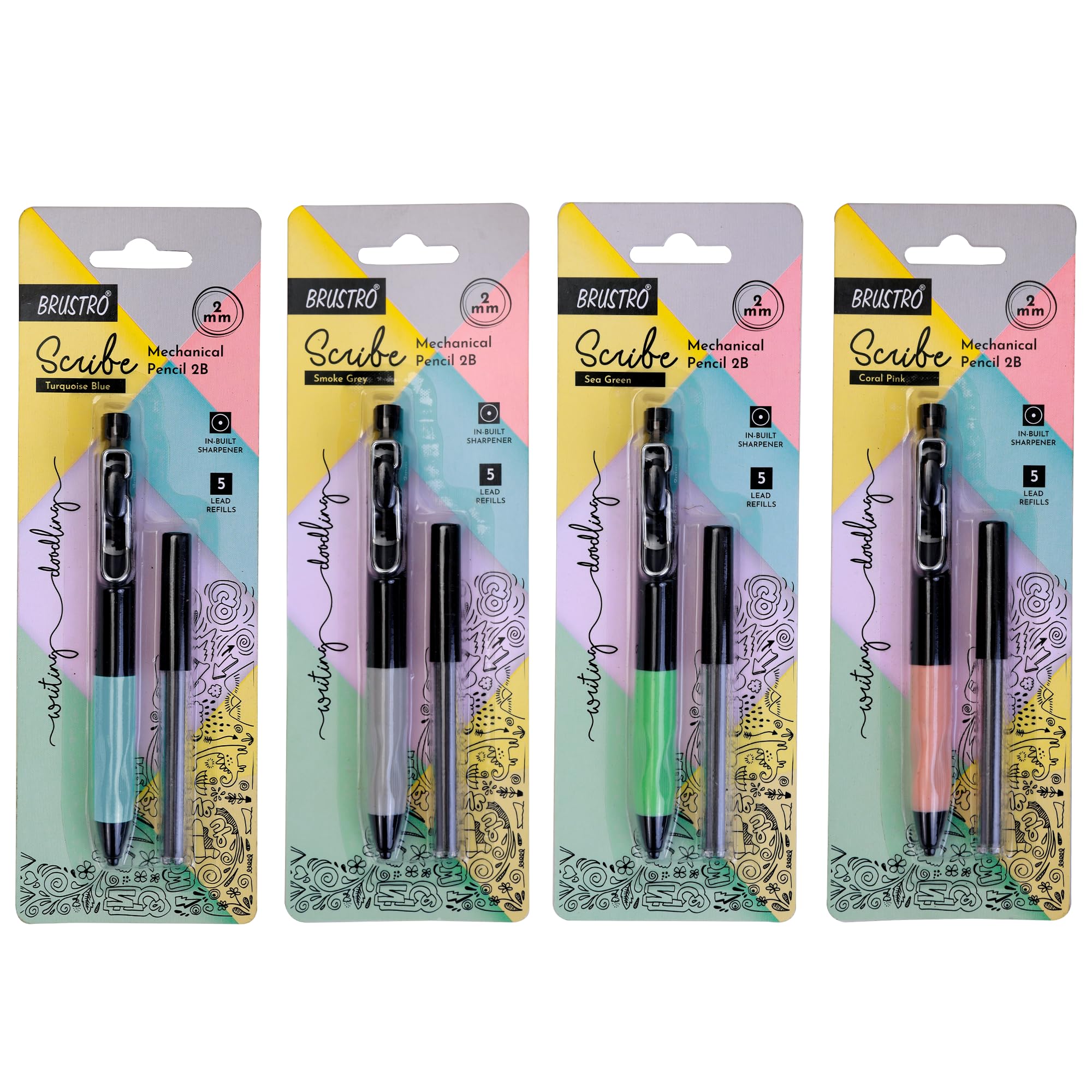 BRUSTRO Scribe Mechanical Pencil 2B | Tip 2MM, Set of 4 (Multicolour) with Built-in Sharpener and 5 Extra Leads | Ideal For Writing,Sketching,Drawing,Mandala Arts,Schools