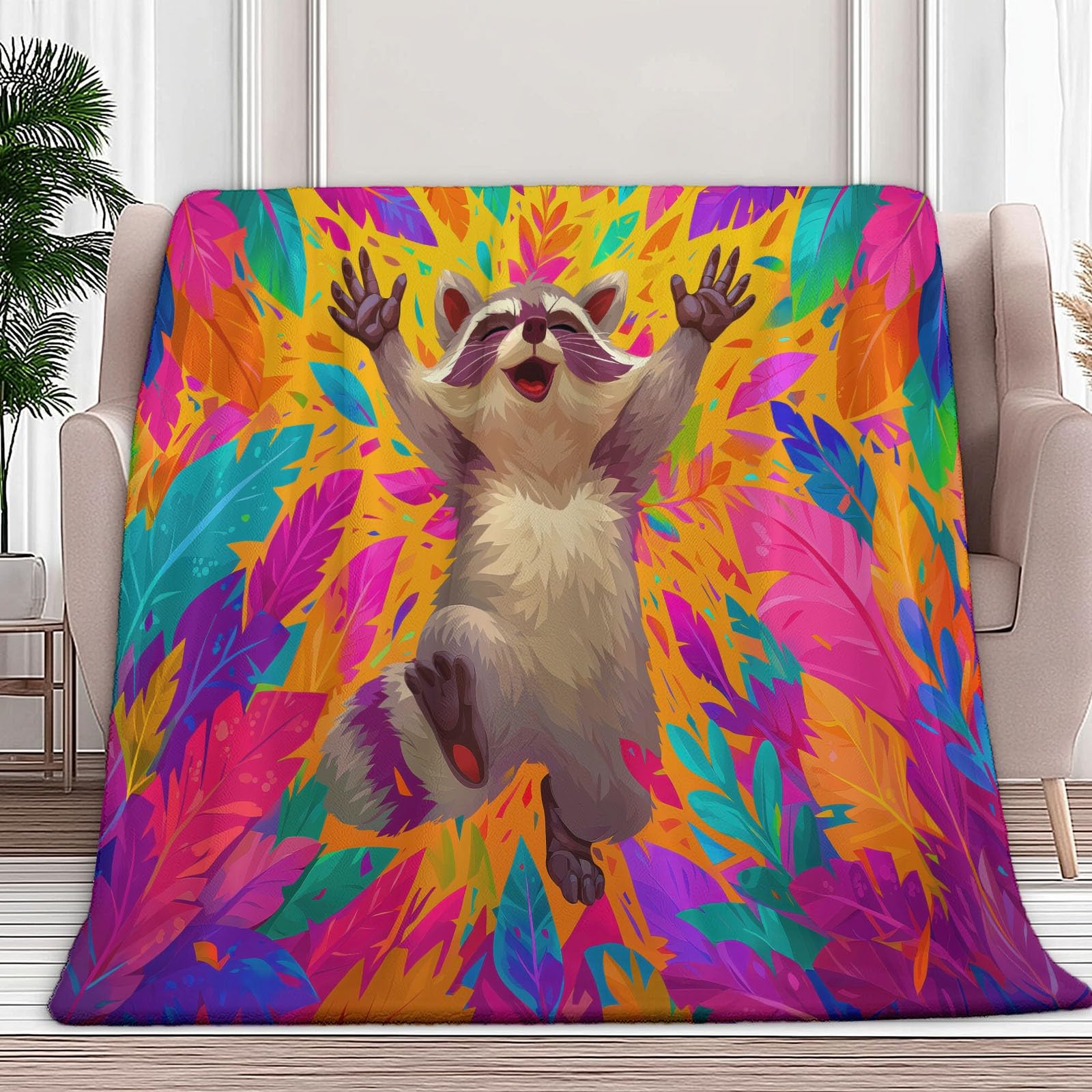 Genérico Koc na sofę zwierzęta szop kolorowe liście 180 x 220 cm wyjątkowo miękki i przytulny koc flanelowy, koc polarowy Sherpa, koce na łóżko, koce z nadrukiem, na cały sezon