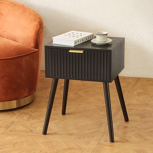 Miniatura 2 de Mesita de noche negra, mesas auxiliares pequeñas para sala de estar, mesita de noche con cajón acanalado para dormitorio y espacio pequeño, color