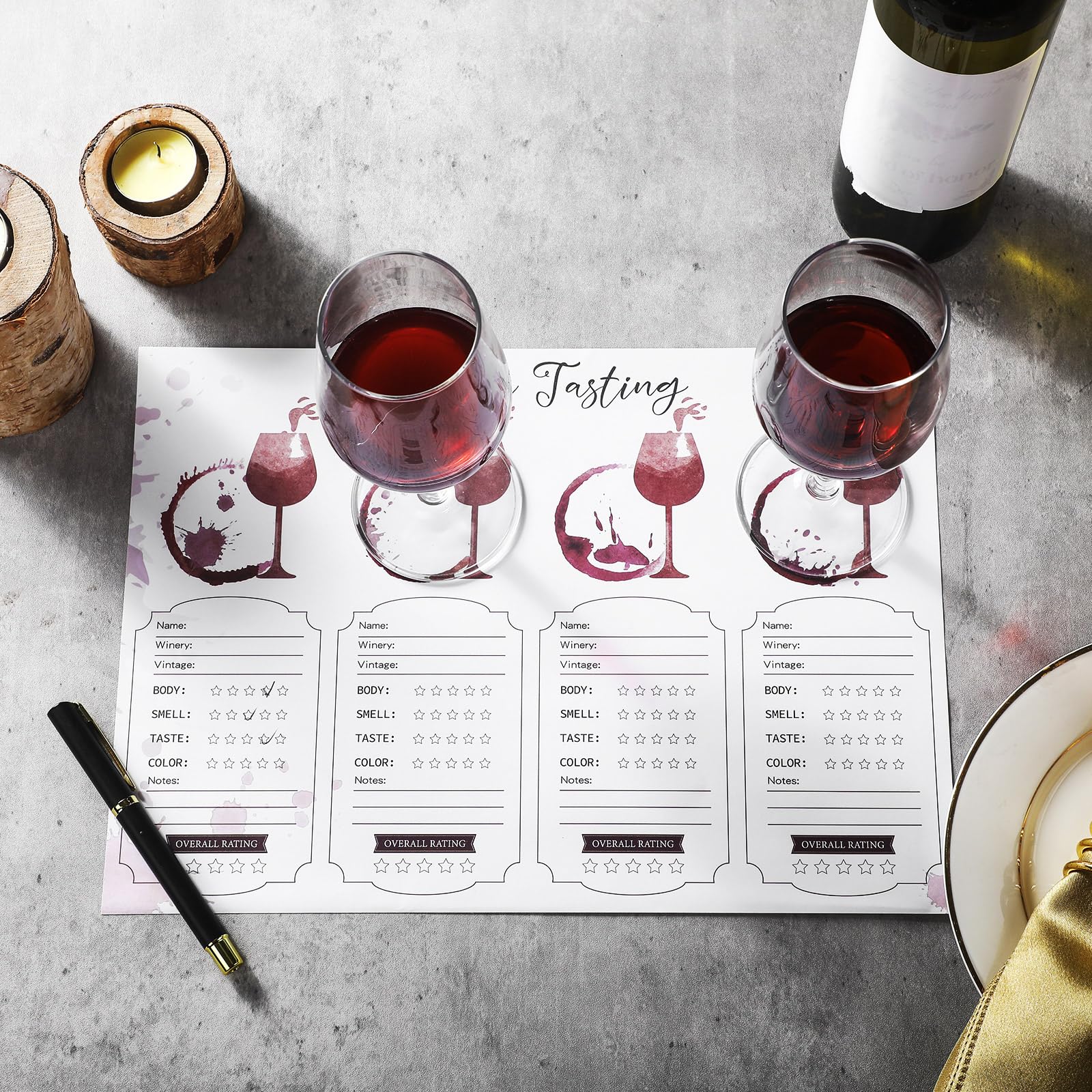 Juego de 48 manteles individuales para degustación de vinos, manteles individuales de cata de vino, papel desechable imprimible, hoja de clasificación de vino para decoración de fiestas,